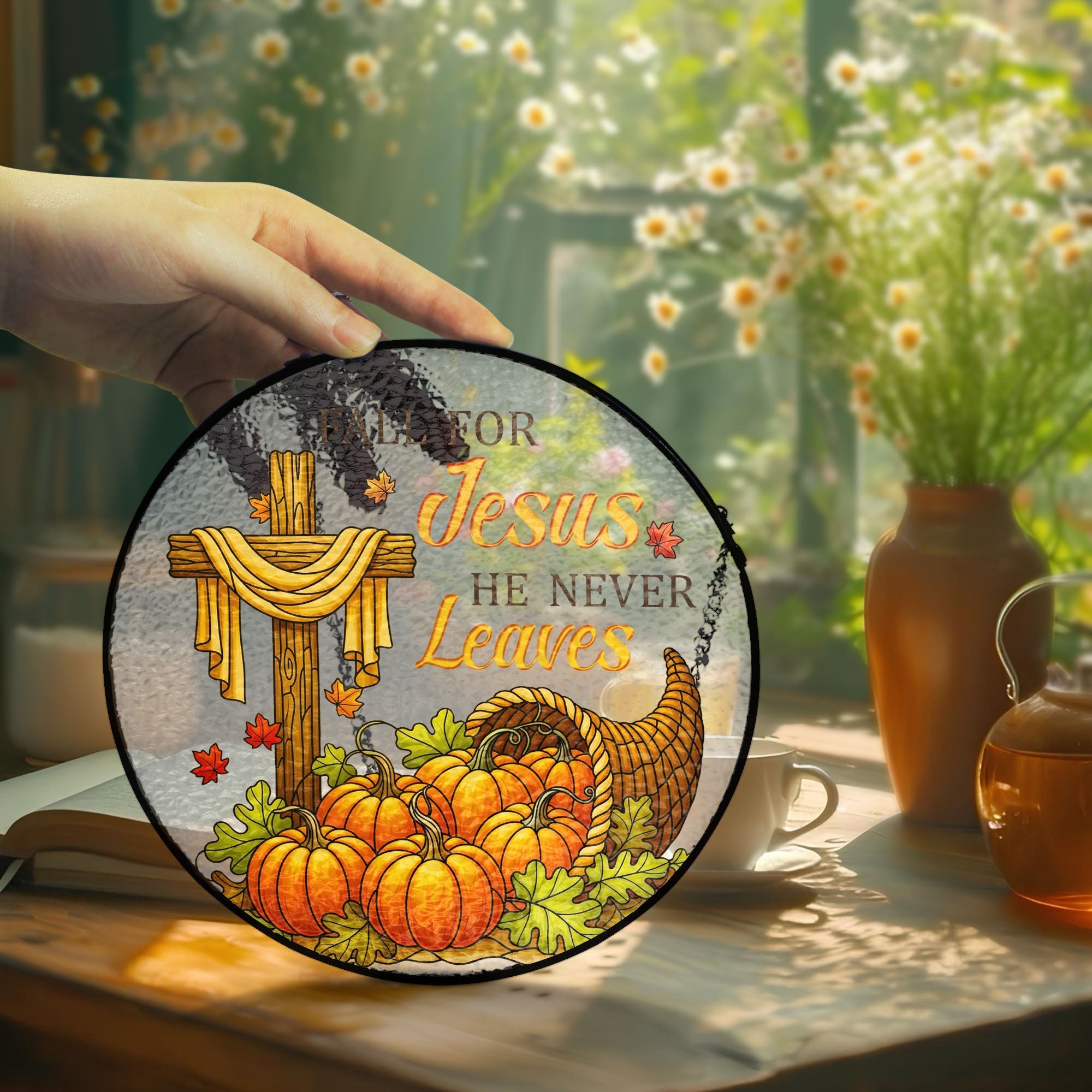Fall for Jesus He Never Leaves Jesus Cross Thanksgiving Fall Stained Glass Suncatcher