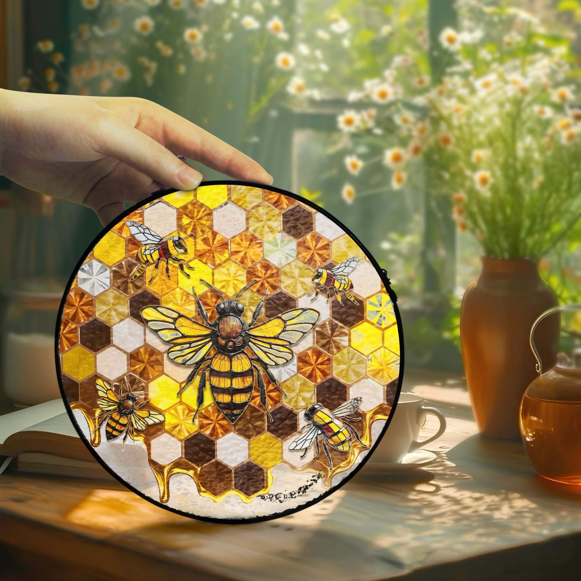 Honeycomb Bee Stained Glass Suncatcher