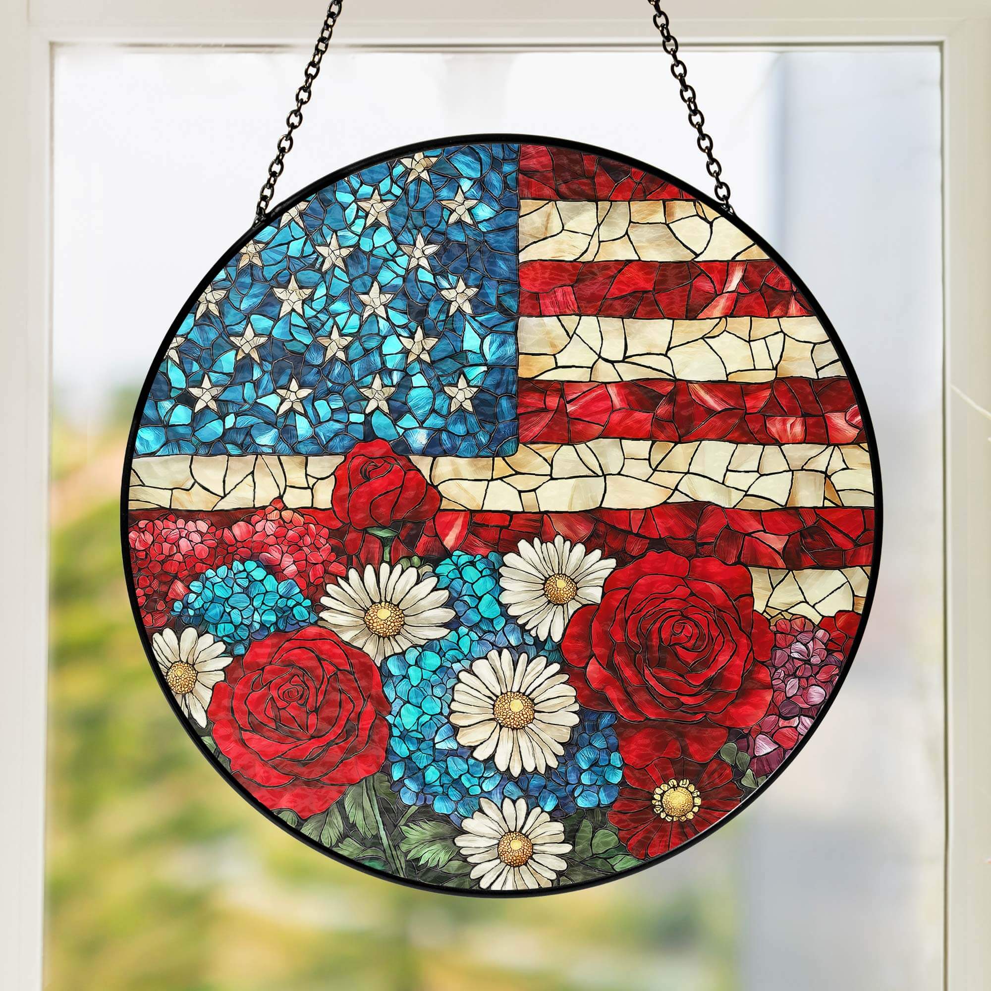 Flagwix American Flag - Patriotic Floral USA Flag Stained Glass Suncatcher Window Decor