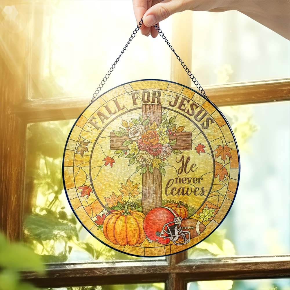 Fall Football Christian He Never Leaves Stained Glass Suncatcher