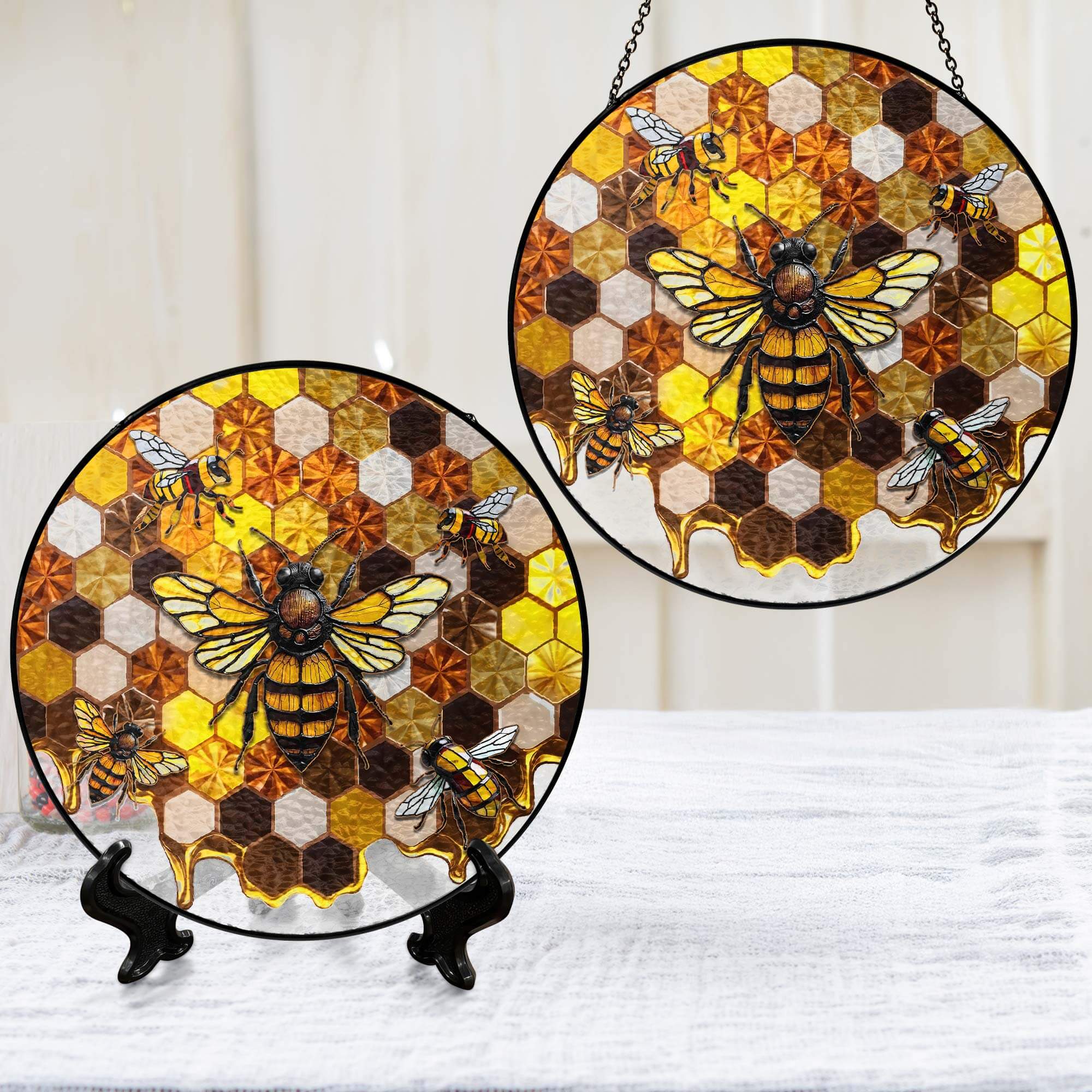Honeycomb Bee Stained Glass Suncatcher