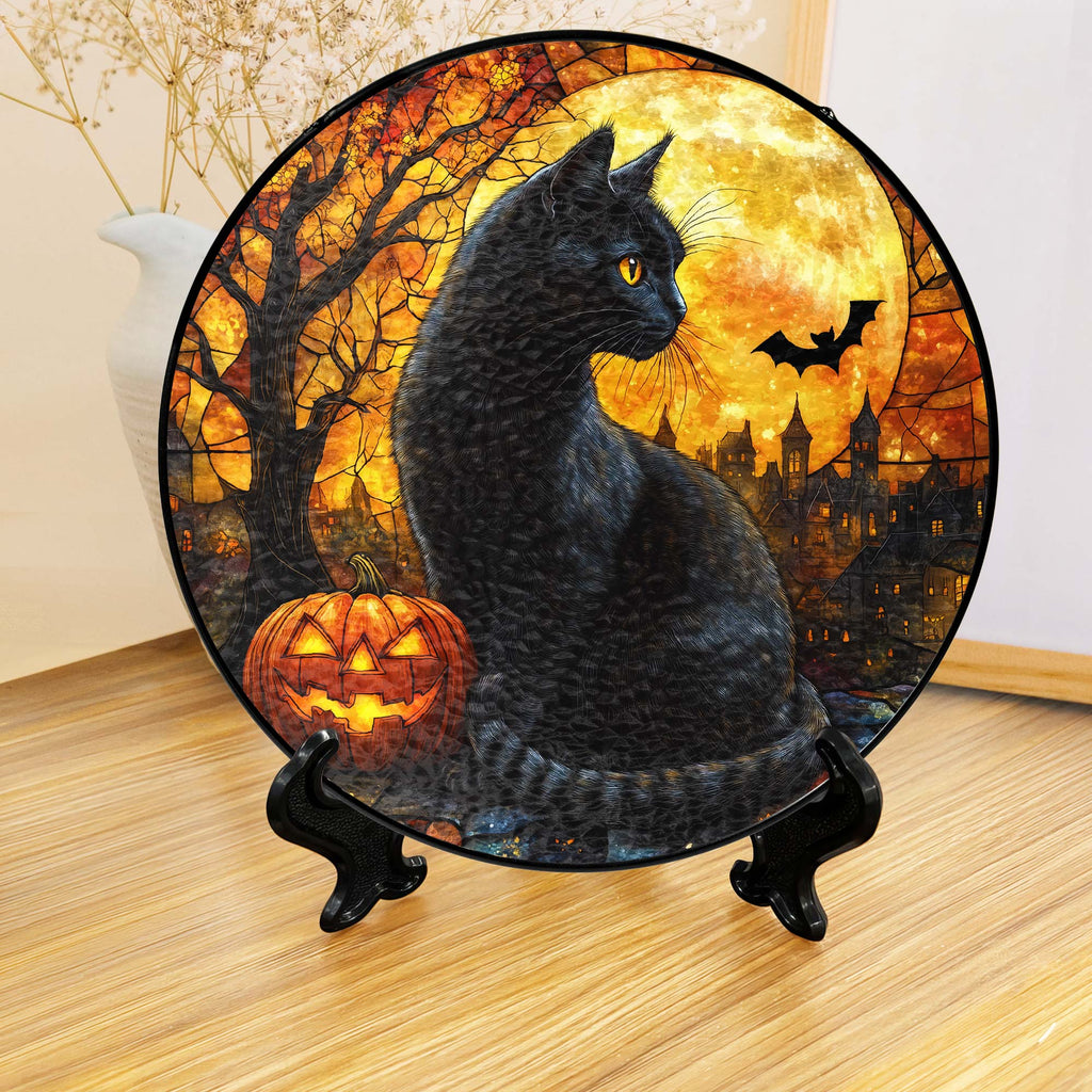 Black Cat Halloween Pumpkins Stained Glass Suncatcher 3-Day Shipping