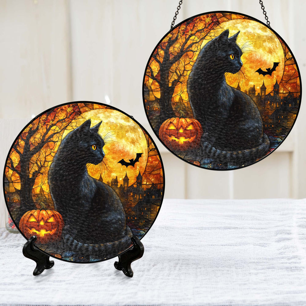 Black Cat Halloween Pumpkins Stained Glass Suncatcher 3-Day Shipping