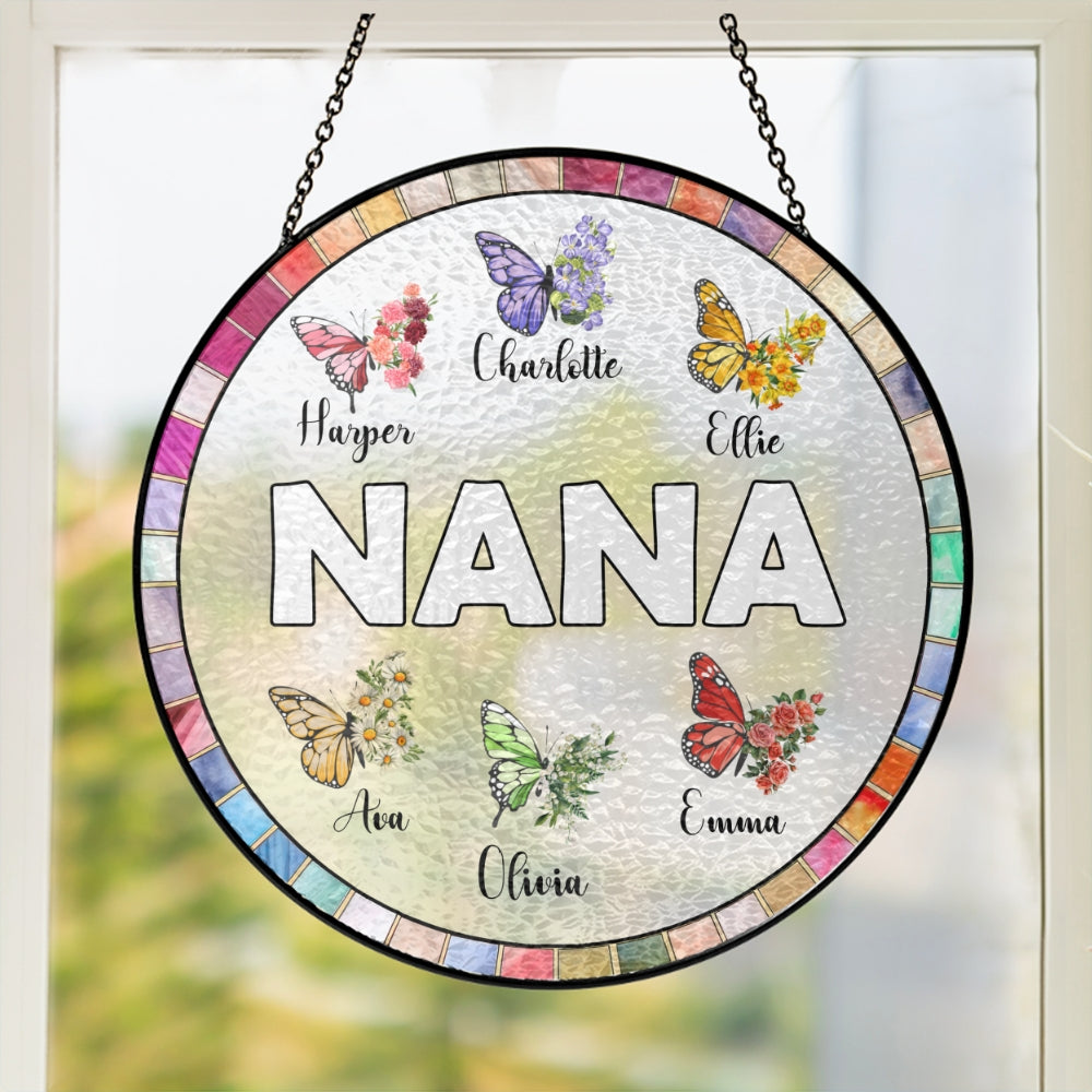Personalized Nana Stained Glass Suncatcher. Gift for Grandma. Custom Butterfly & Birth Month Flower with Grandkid's Names