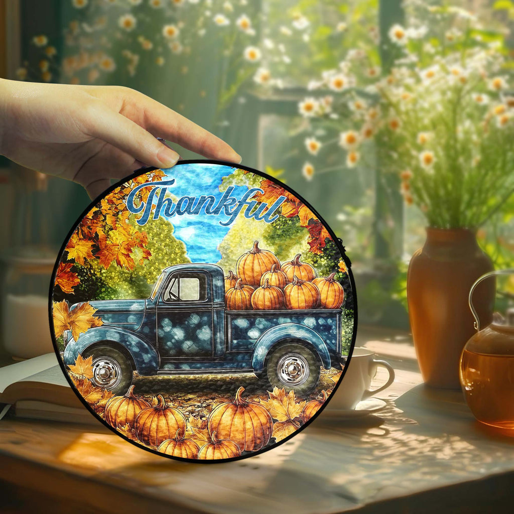Fall Truck Pumpkins Thanksful Stained Glass Suncatcher 3-Day Shipping