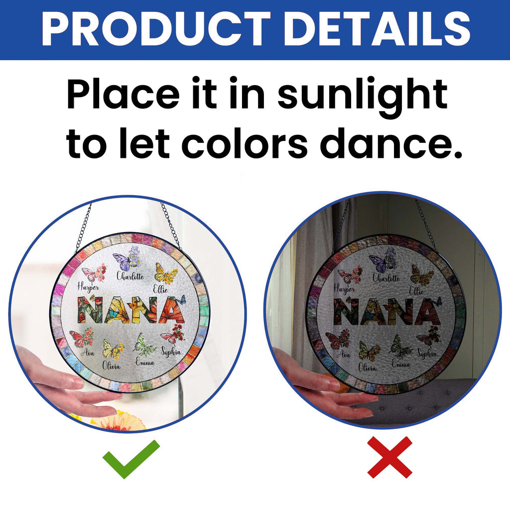Personalized Nana Stained Glass Suncatcher. Gift for Grandma. Custom Butterfly & Birth Month Flower with Grandkid's Names