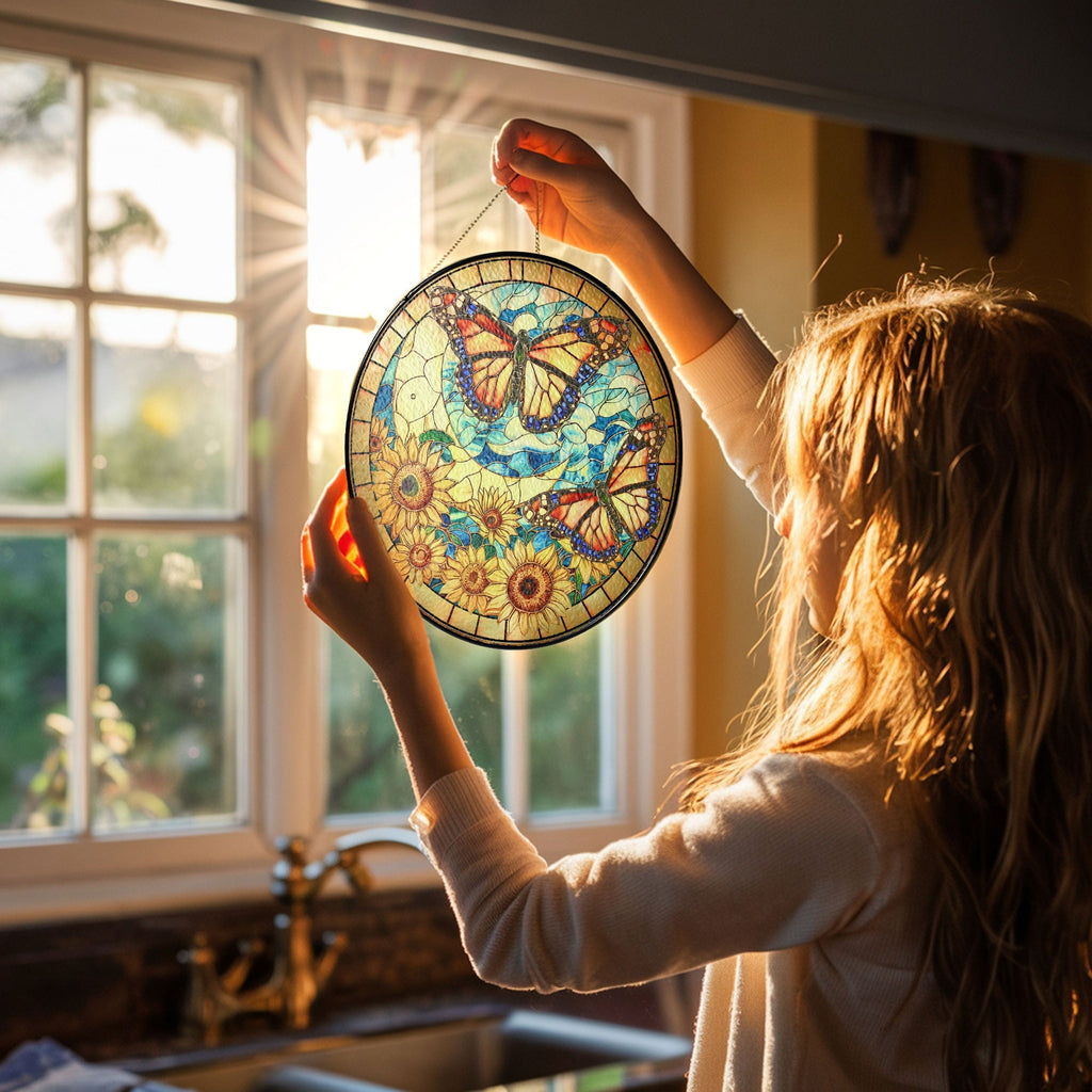 Butterfly and Sunflower Stained Glass Suncatcher