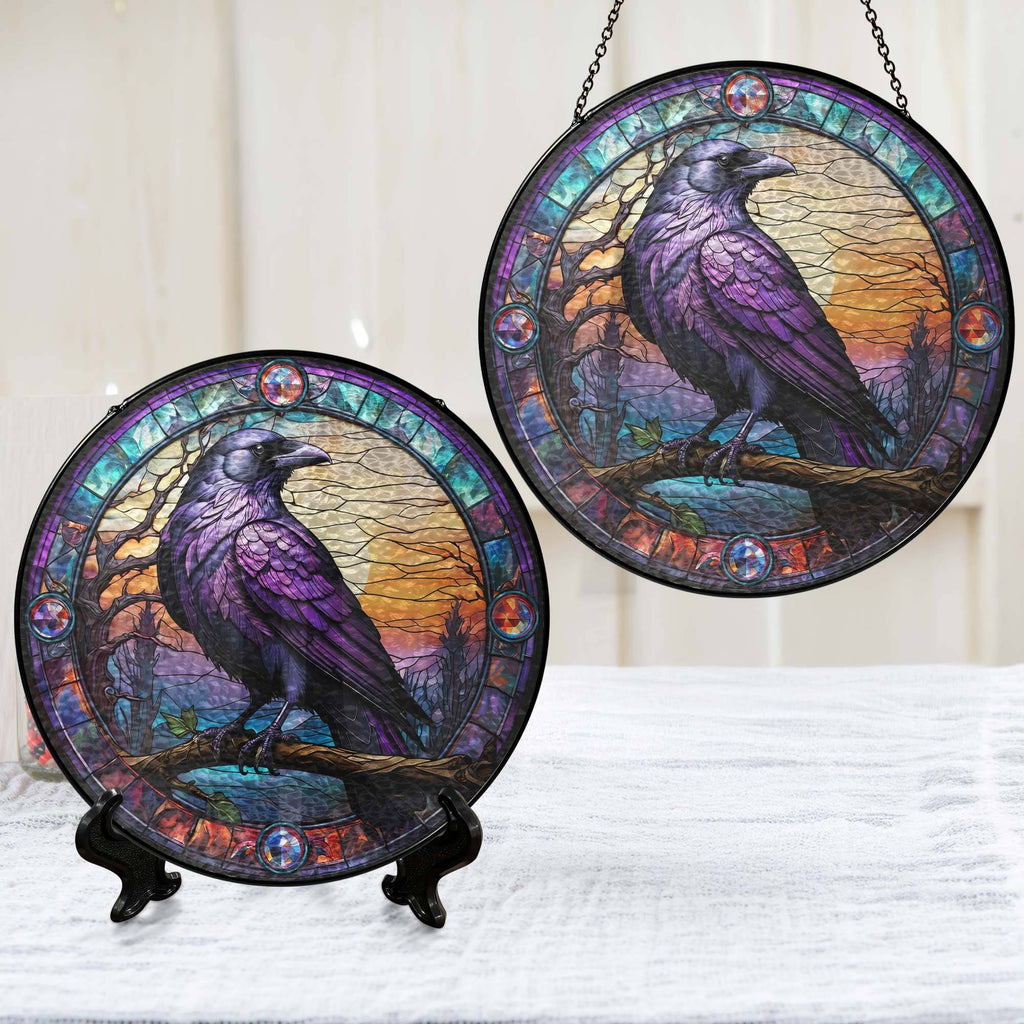 Raven Stained Glass Gothic Crow Stained Glass Suncatcher 3-Day Shipping