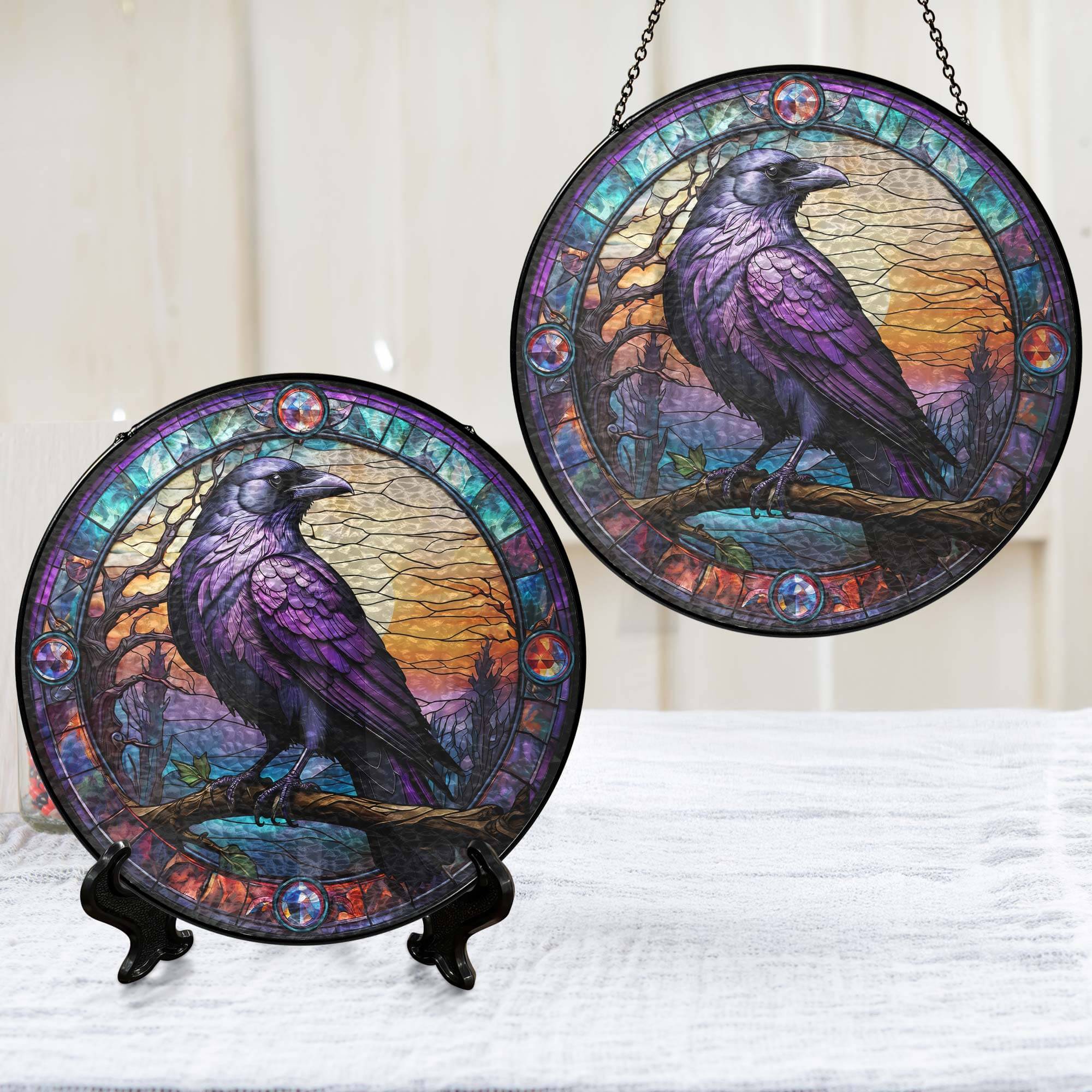 Raven Stained Glass Gothic Crow Stained Glass Suncatcher 3-Day Shipping