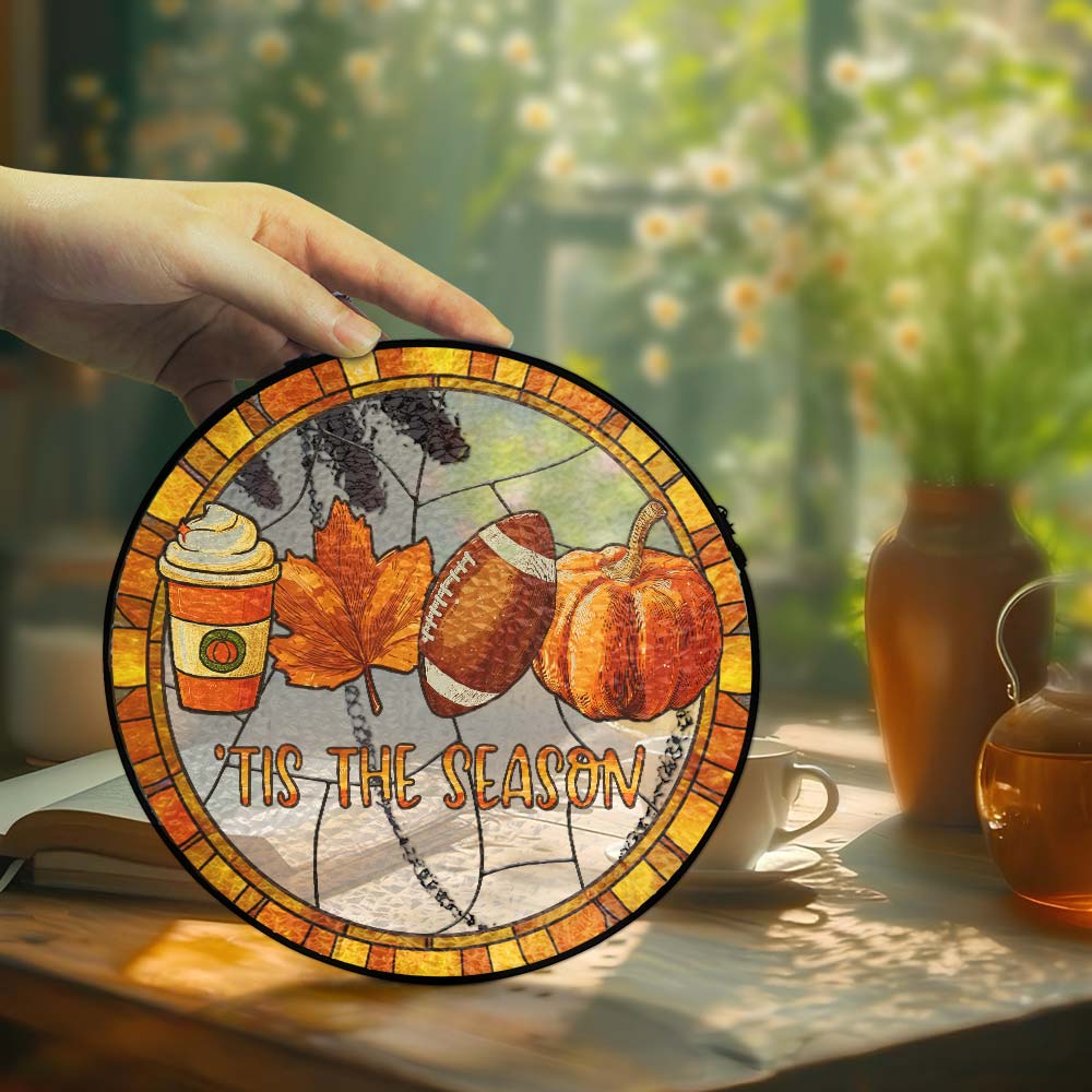 Tis The Season Fall and Football Thanksgiving Stained Glass Suncatcher 3-Day Shipping