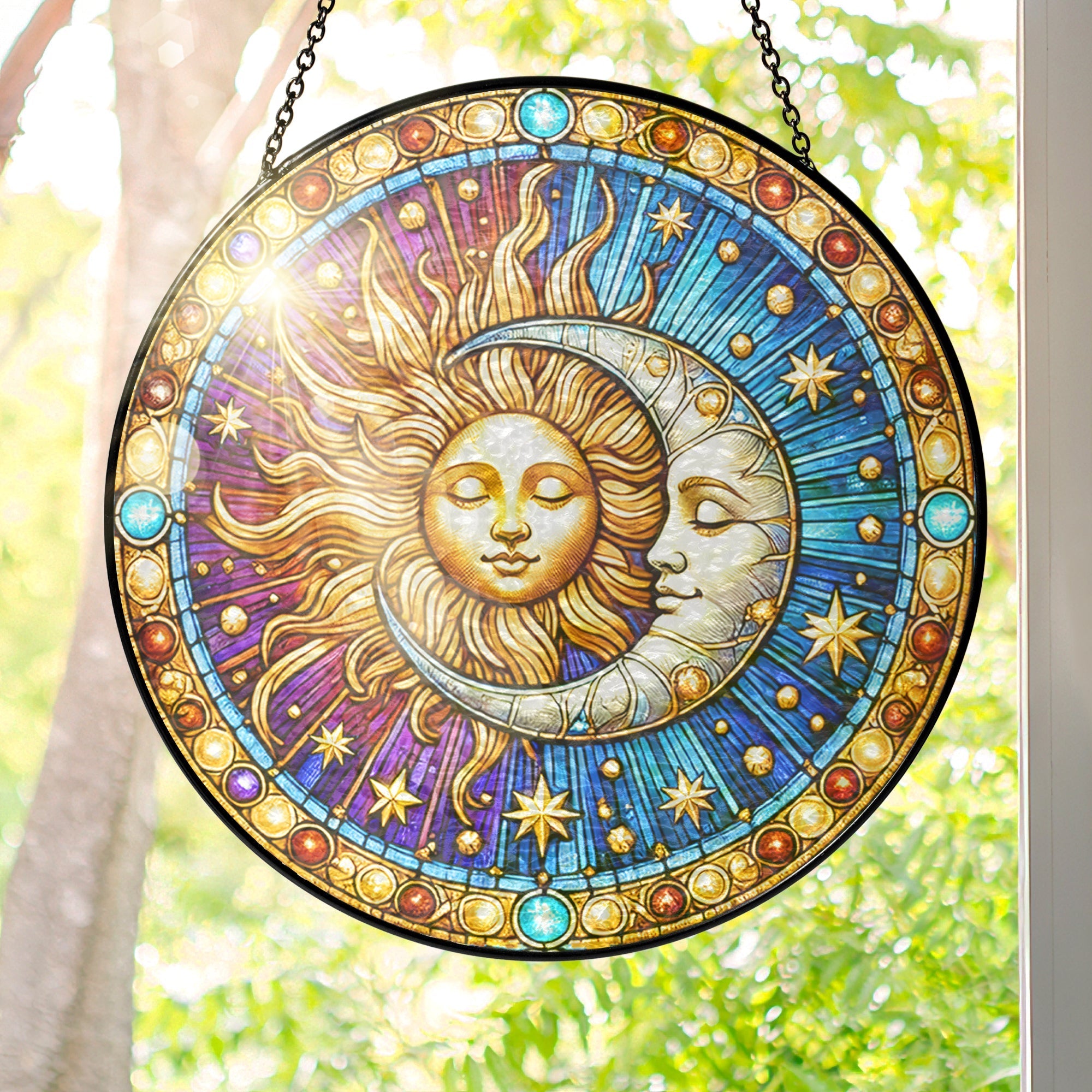 Moon Sun Stained Glass Suncatcher - Colorful Witchcraft Window Art. Handmade Celestial Hanging Ornament for Year-Round Spiritual Home Decor 3-Day Shipping