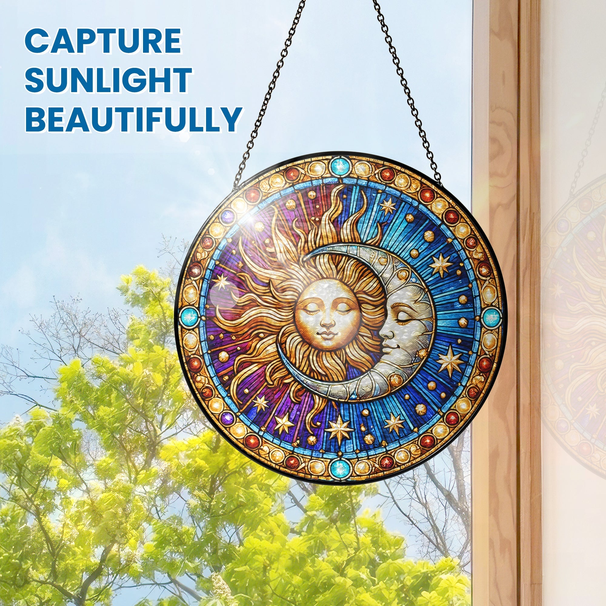 Moon Sun Stained Glass Suncatcher - Colorful Witchcraft Window Art. Handmade Celestial Hanging Ornament for Year-Round Spiritual Home Decor 3-Day Shipping
