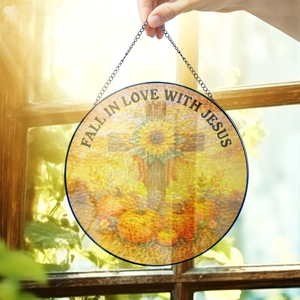 Fall In Love With Jesus Cross Pumpkin Autumn Stained Glass Suncatcher