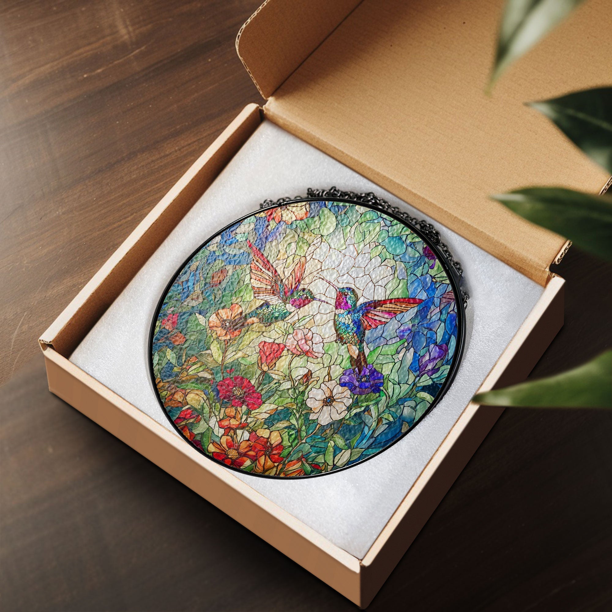 Hummingbirds In Flower Garden Hummingbird Stained Glass Suncatcher