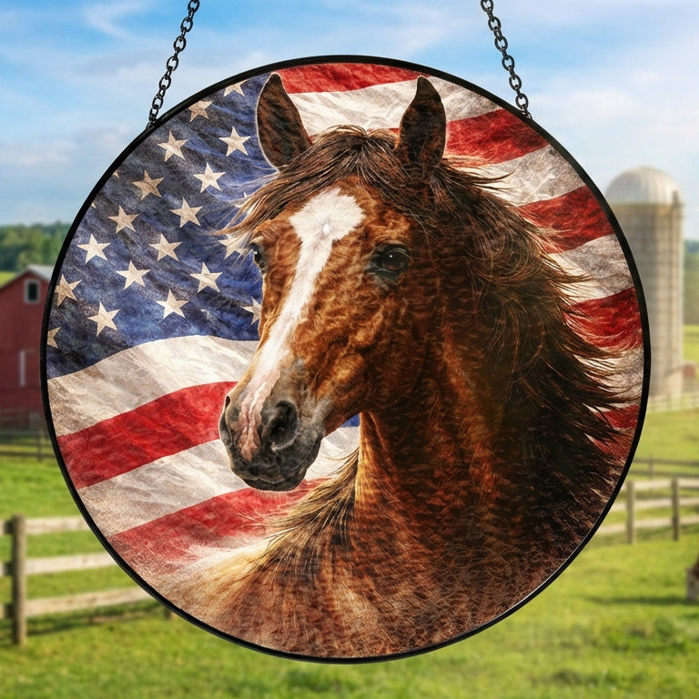 American Horse Stained Glass Suncatcher Hanging for Patriotic Decoration