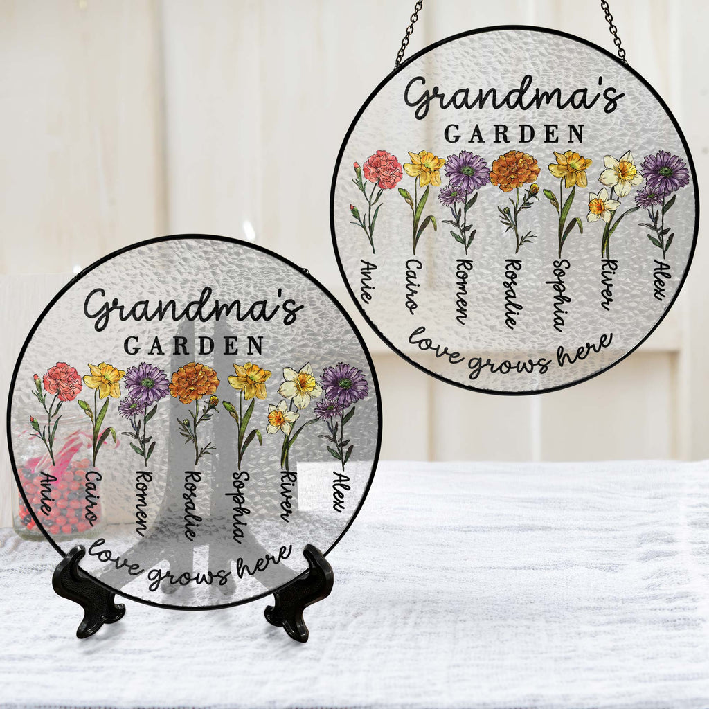 Custom Family Birth Flowers Glass Suncatcher. Personalized Grandma's Garden Gift