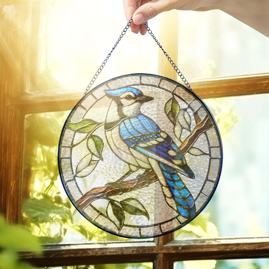 Blue Jay Birdwatching Stained Glass Suncatcher