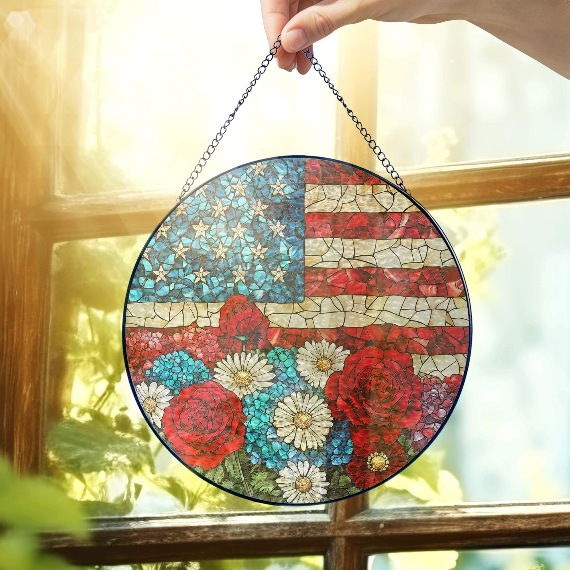 Flagwix American Flag - Patriotic Floral USA Flag Stained Glass Suncatcher Window Decor