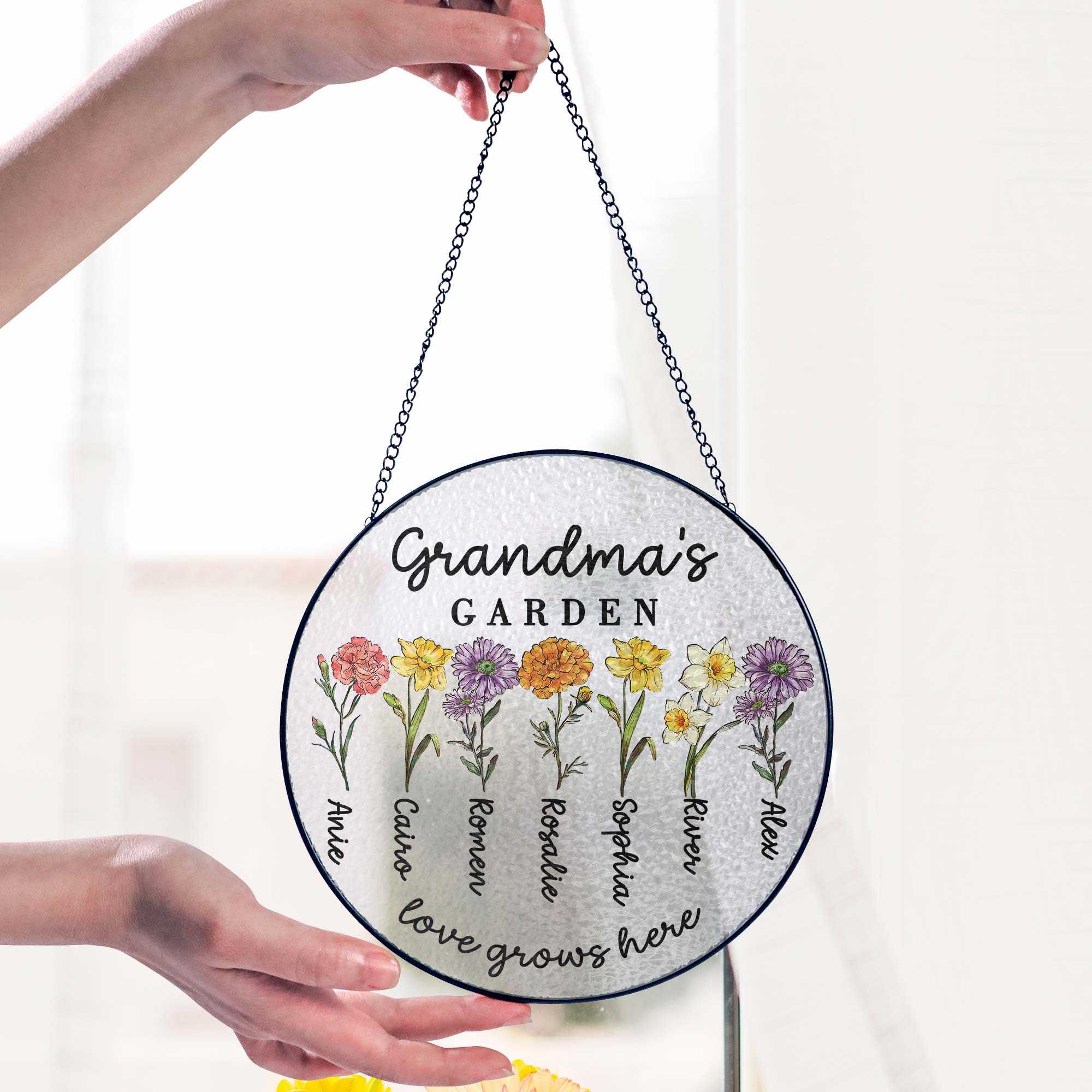 Custom Family Birth Flowers Glass Suncatcher. Personalized Grandma's Garden Gift