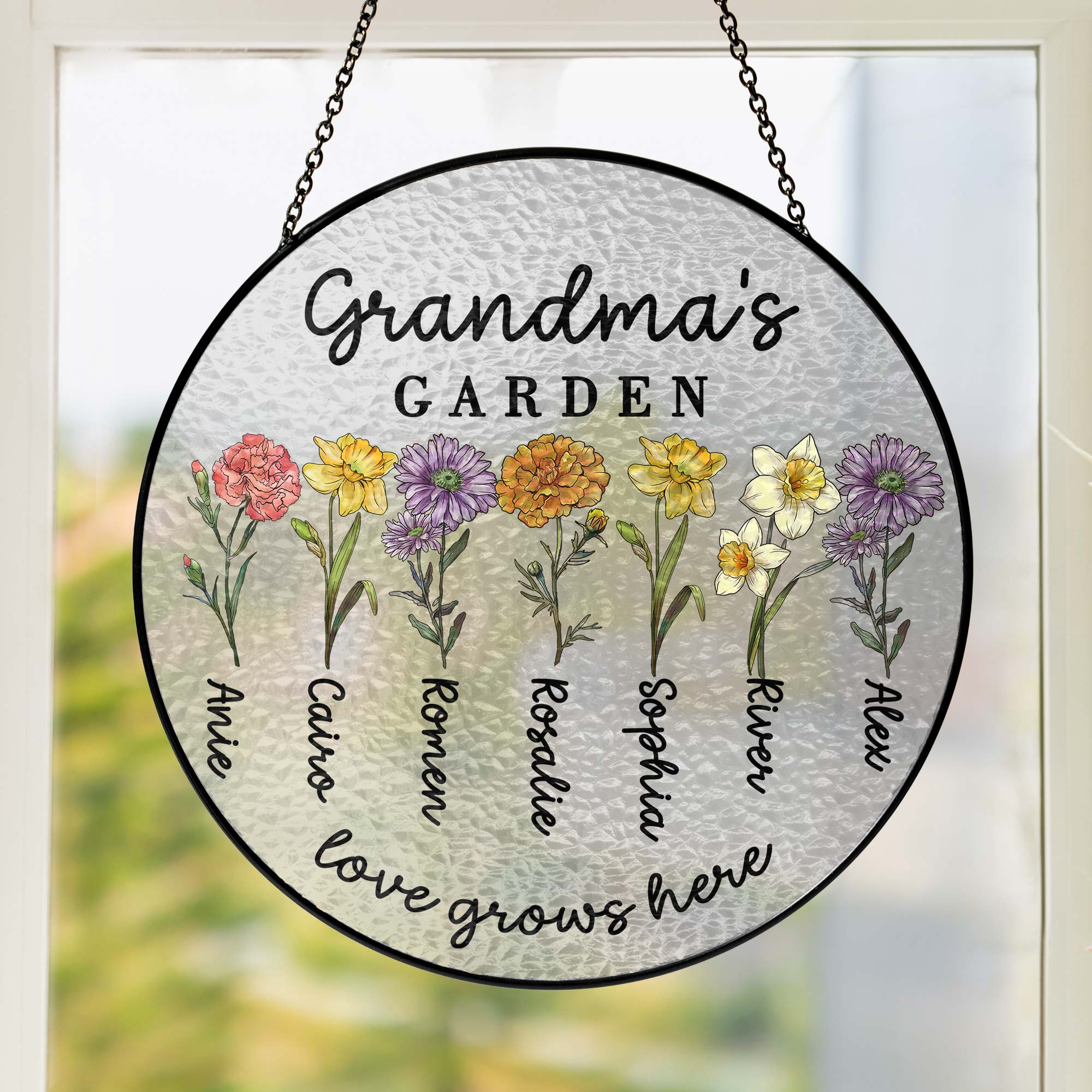 Custom Family Birth Flowers Glass Suncatcher. Personalized Grandma's Garden Gift