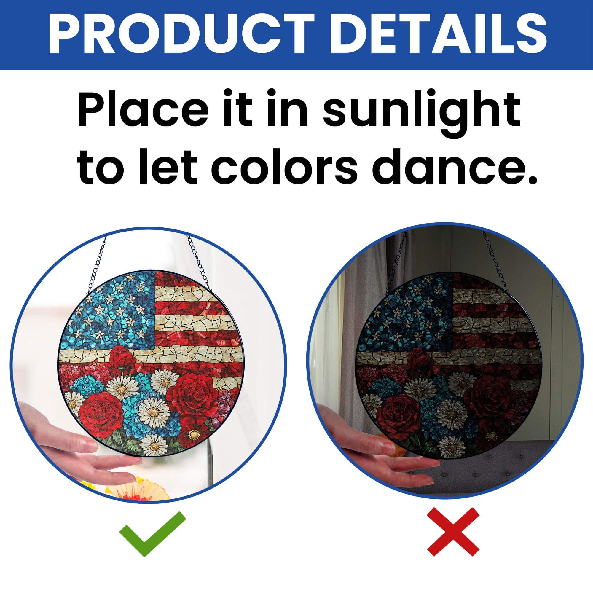 Flagwix American Flag - Patriotic Floral USA Flag Stained Glass Suncatcher Window Decor