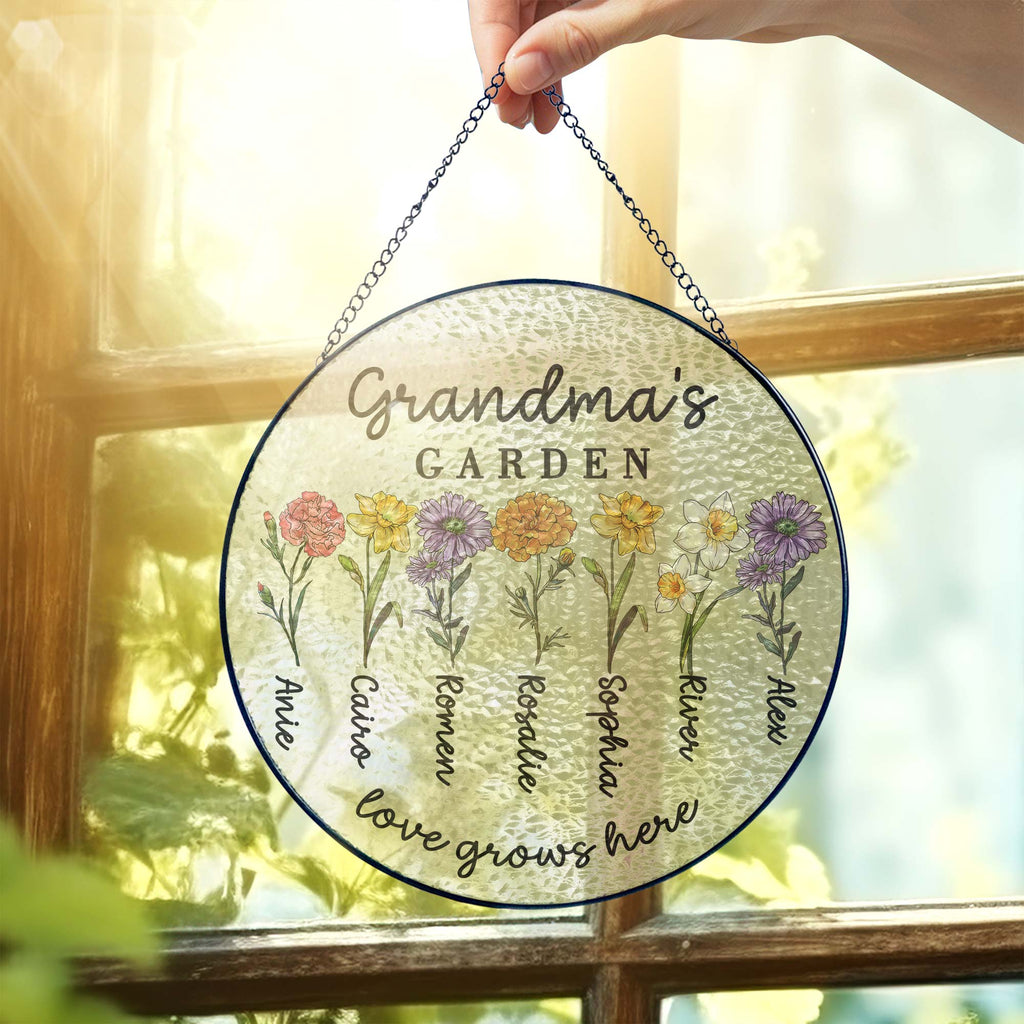 Custom Family Birth Flowers Glass Suncatcher. Personalized Grandma's Garden Gift