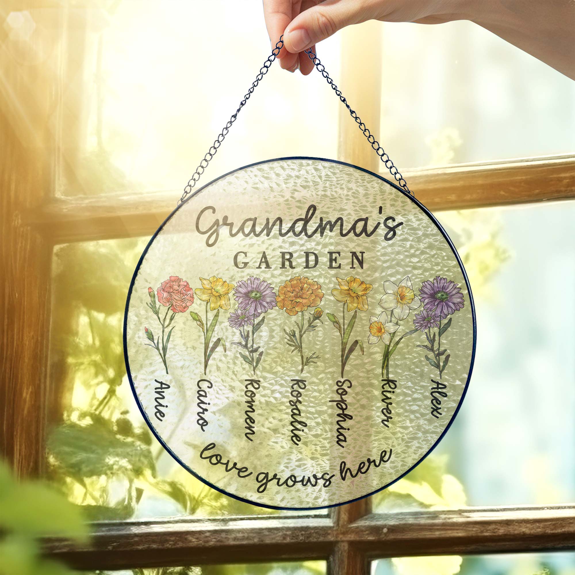 Custom Family Birth Flowers Glass Suncatcher. Personalized Grandma's Garden Gift