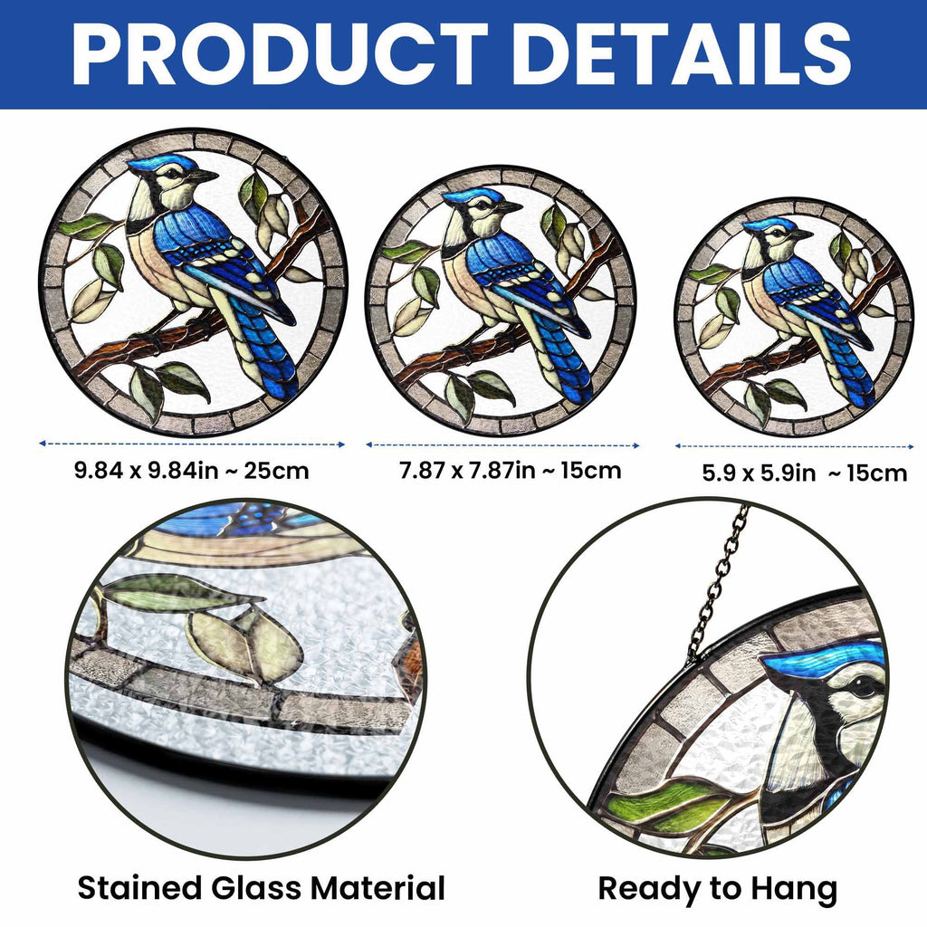 Blue Jay Birdwatching Stained Glass Suncatcher