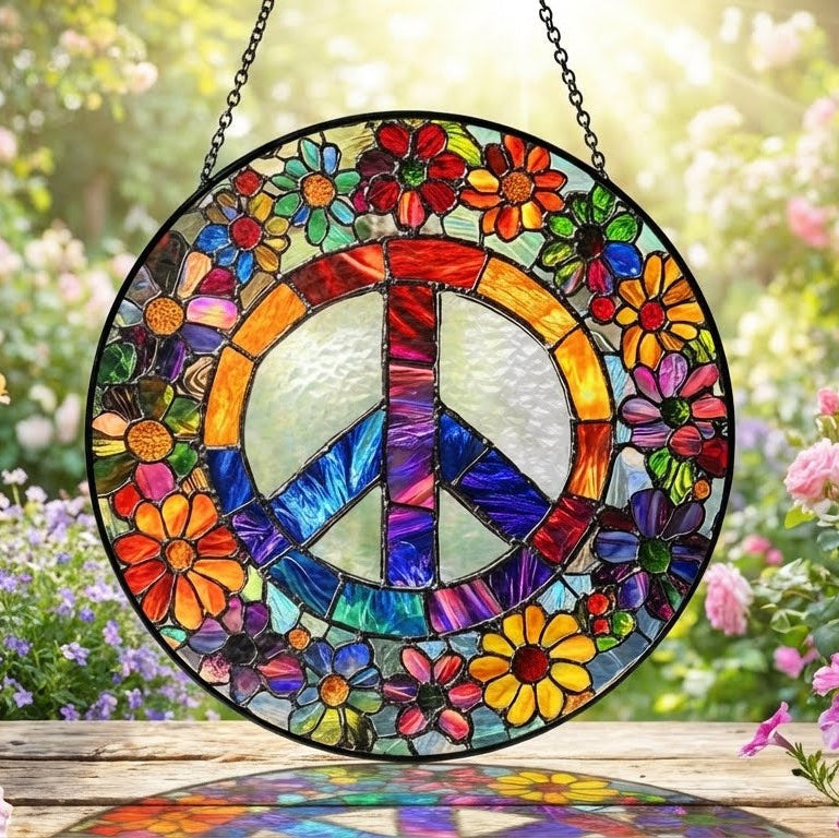 Woodstock Hippie Suncatcher. Peace Sign Hippie Stained Glass Decor