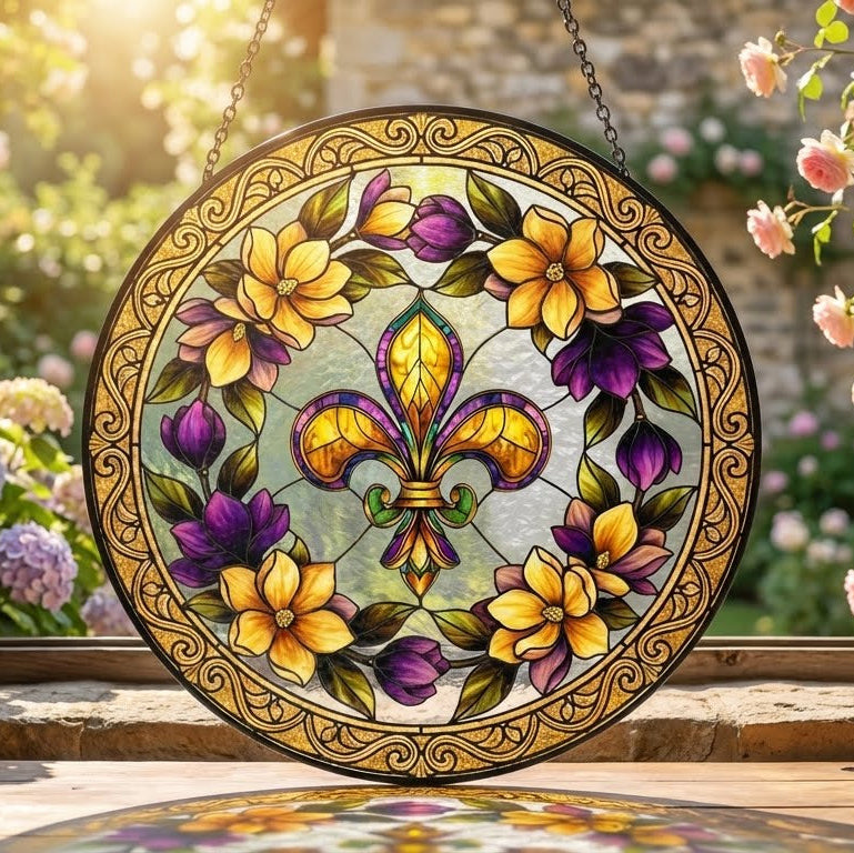 Mardi Gras Fleur de Lis Stained Glass Suncatcher. Louisiana Window Hanging
