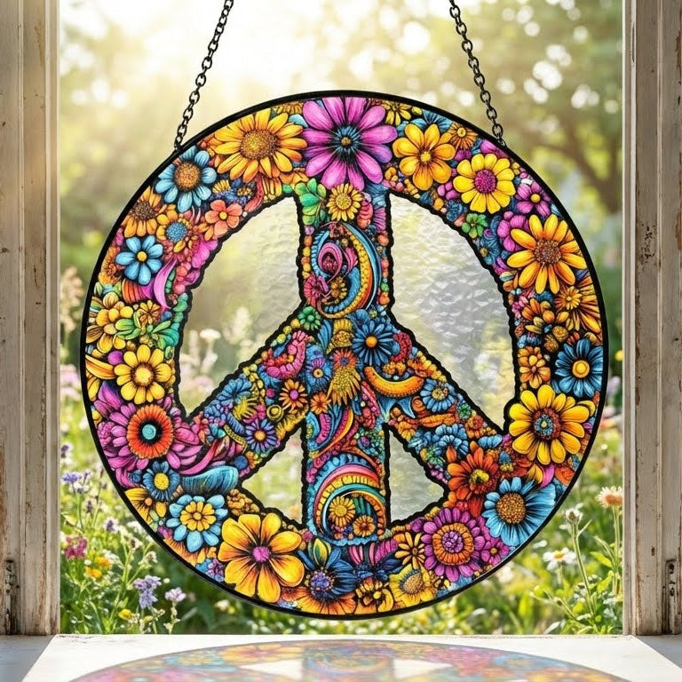 Hippie Peace Sign Woodstock Sunflower Stained Glass Suncatcher