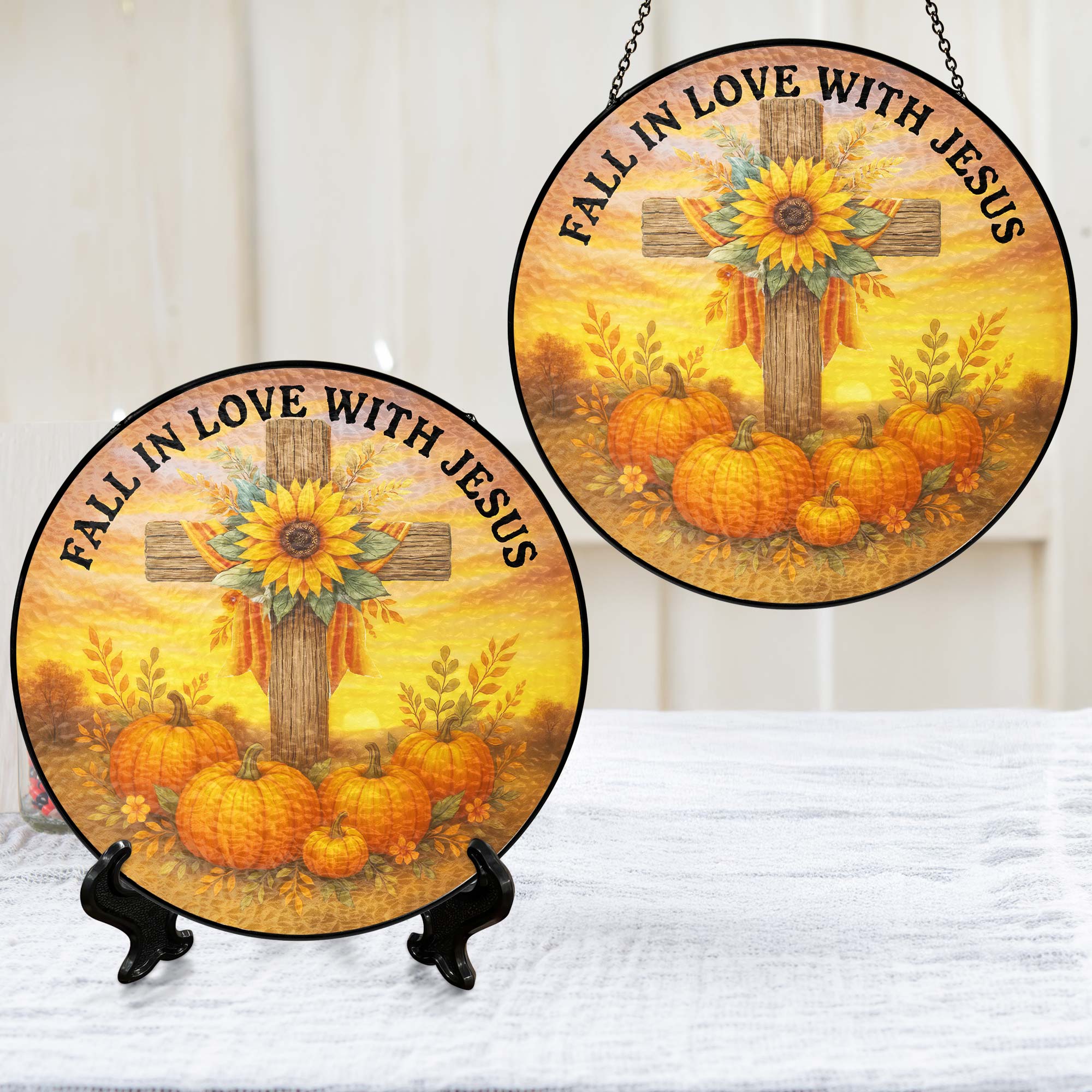 Fall In Love With Jesus Cross Pumpkin Autumn Stained Glass Suncatcher