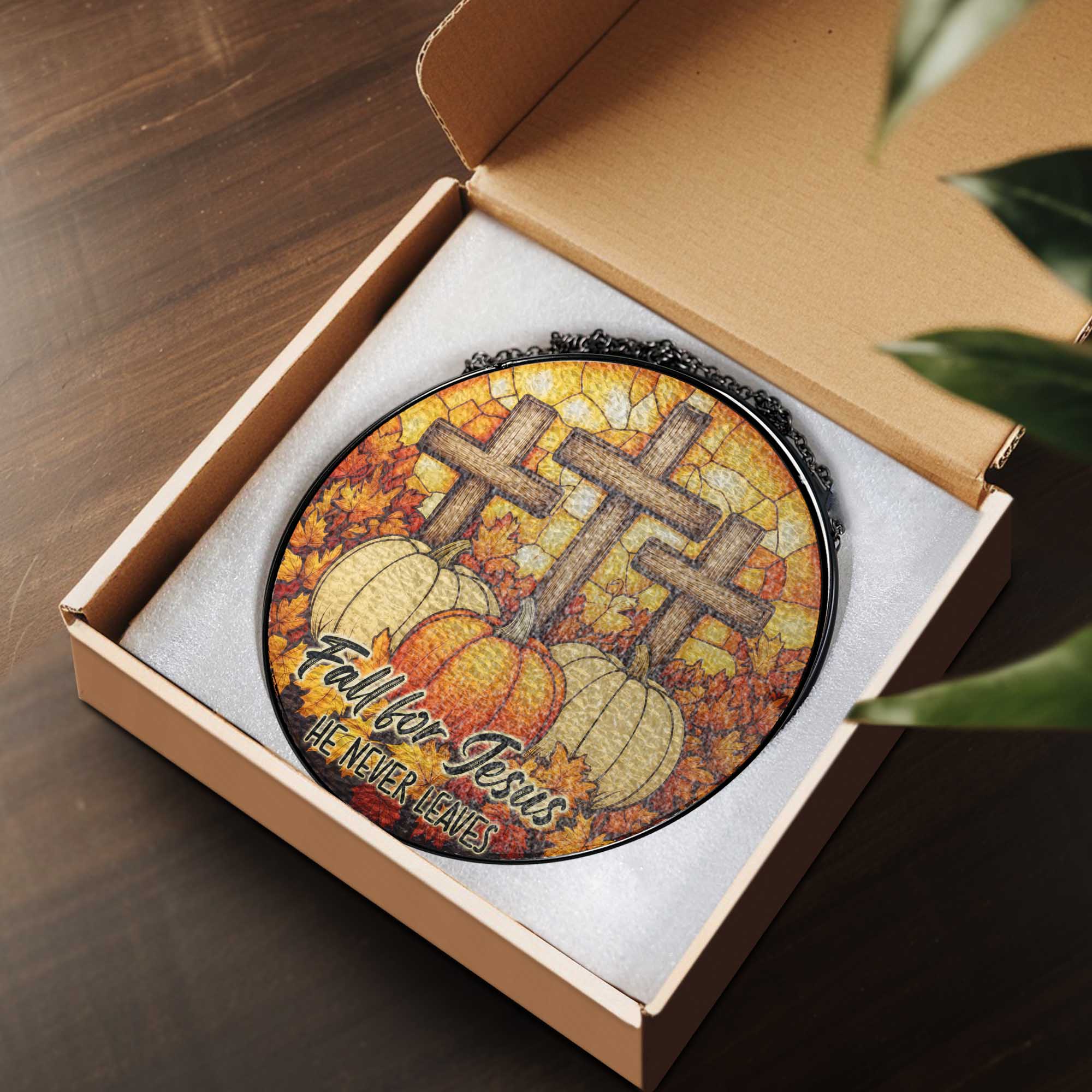 Fall for Jesus He Never Leaves Cross Pumpkin Autumn Stained Glass Suncatcher