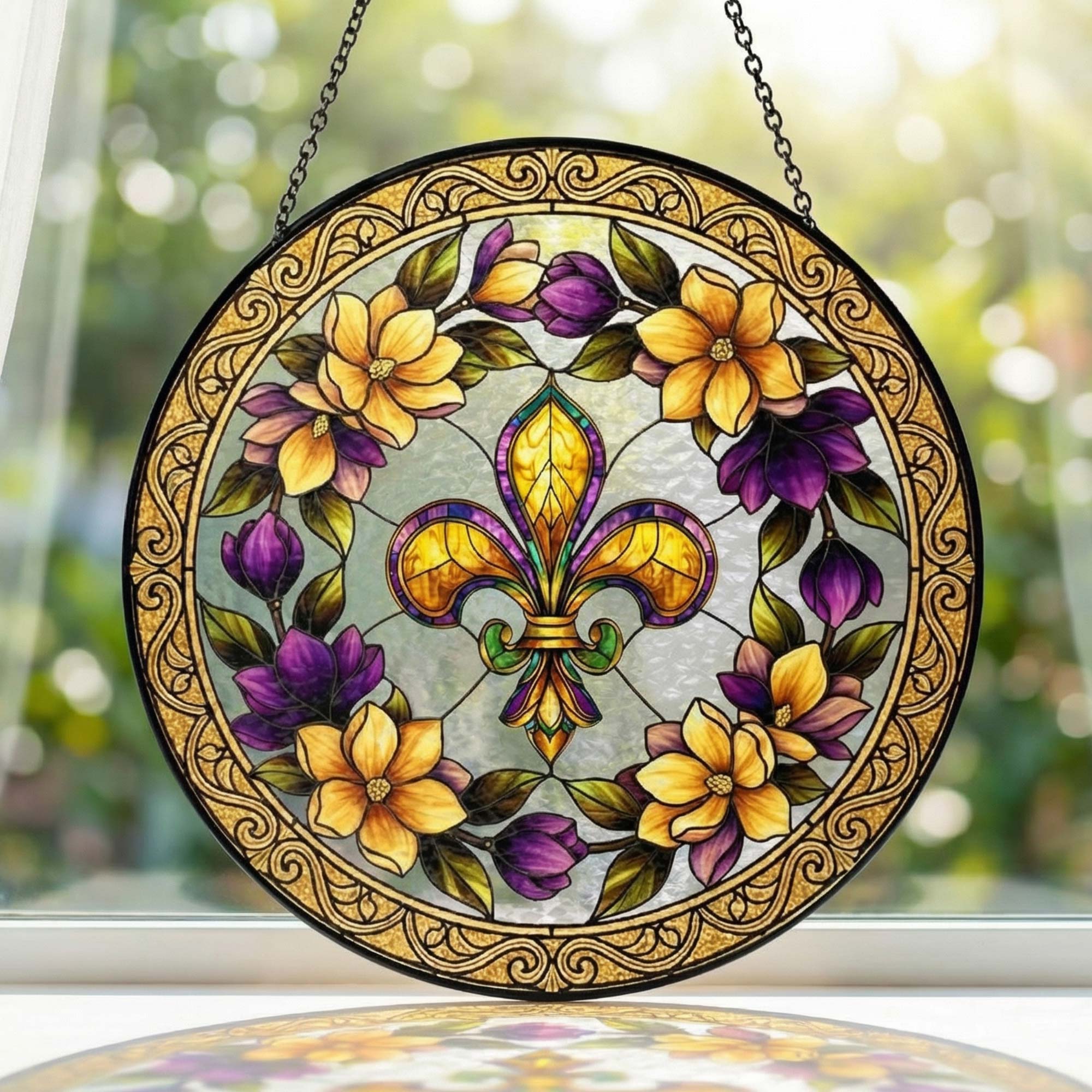 Mardi Gras Fleur de Lis Stained Glass Suncatcher. Louisiana Window Hanging