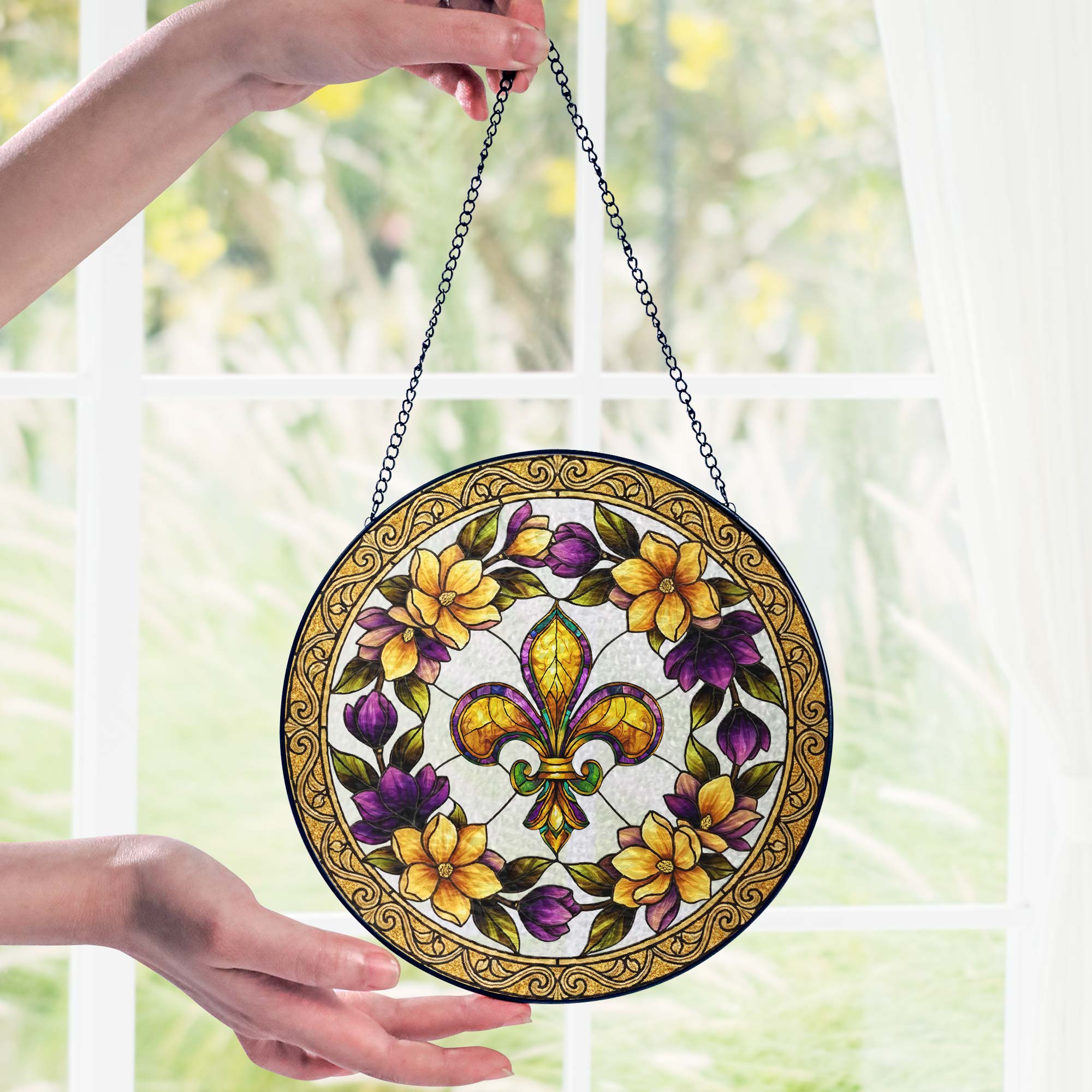 Mardi Gras Fleur de Lis Stained Glass Suncatcher. Louisiana Window Hanging