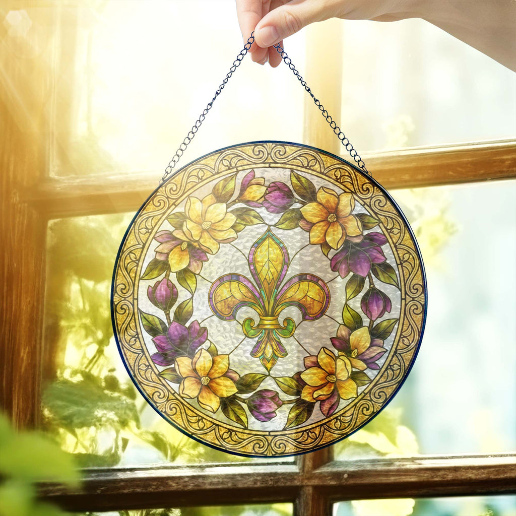 Mardi Gras Fleur de Lis Stained Glass Suncatcher. Louisiana Window Hanging