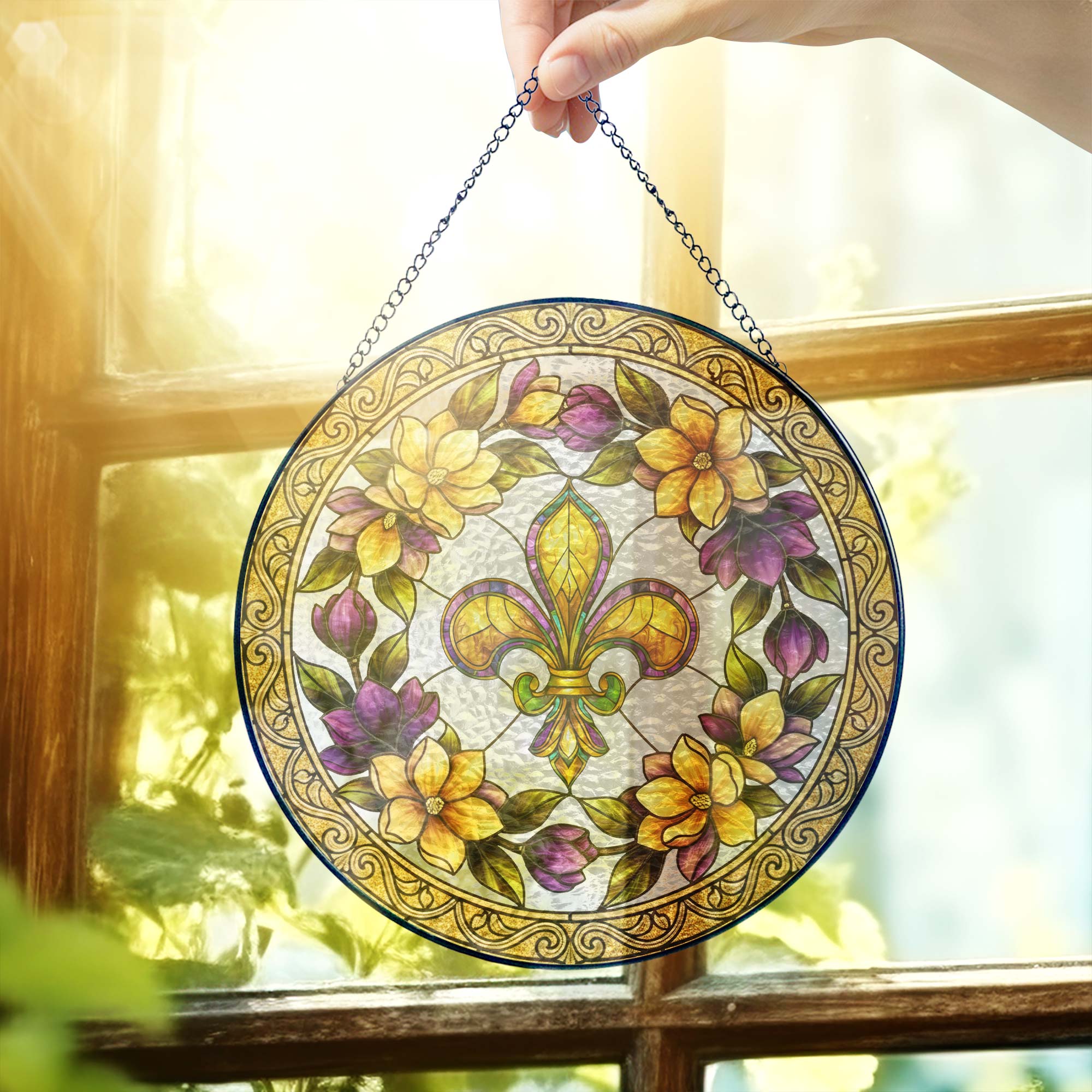 Mardi Gras Fleur de Lis Stained Glass Suncatcher. Louisiana Window Hanging