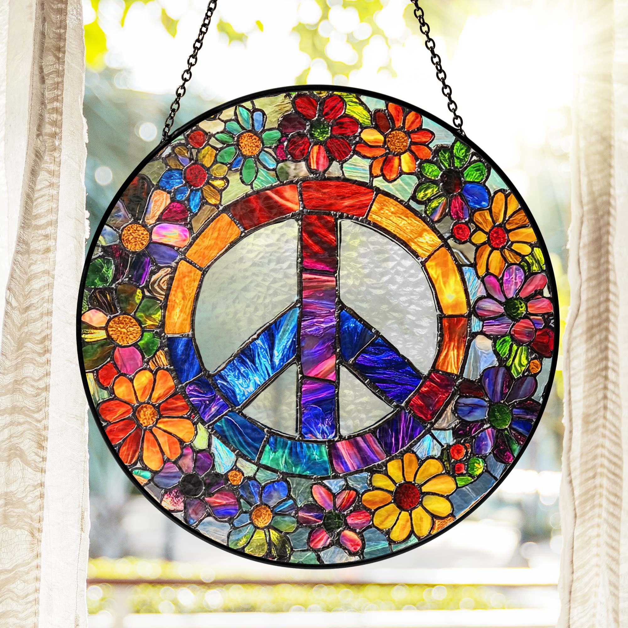 Woodstock Hippie Suncatcher. Peace Sign Hippie Stained Glass Decor