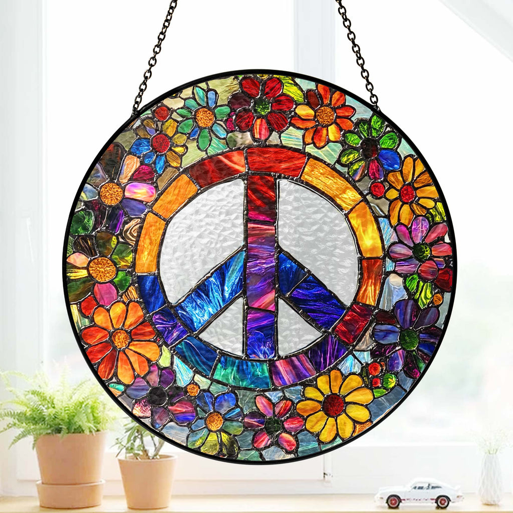 Woodstock Hippie Suncatcher. Peace Sign Hippie Stained Glass Decor
