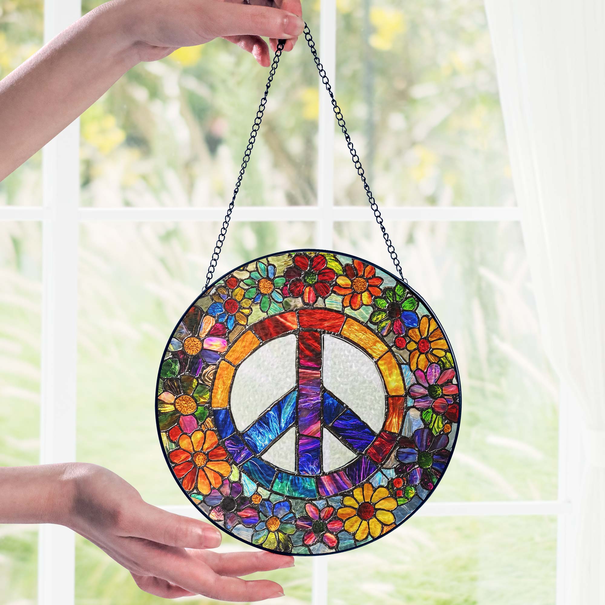 Woodstock Hippie Suncatcher. Peace Sign Hippie Stained Glass Decor
