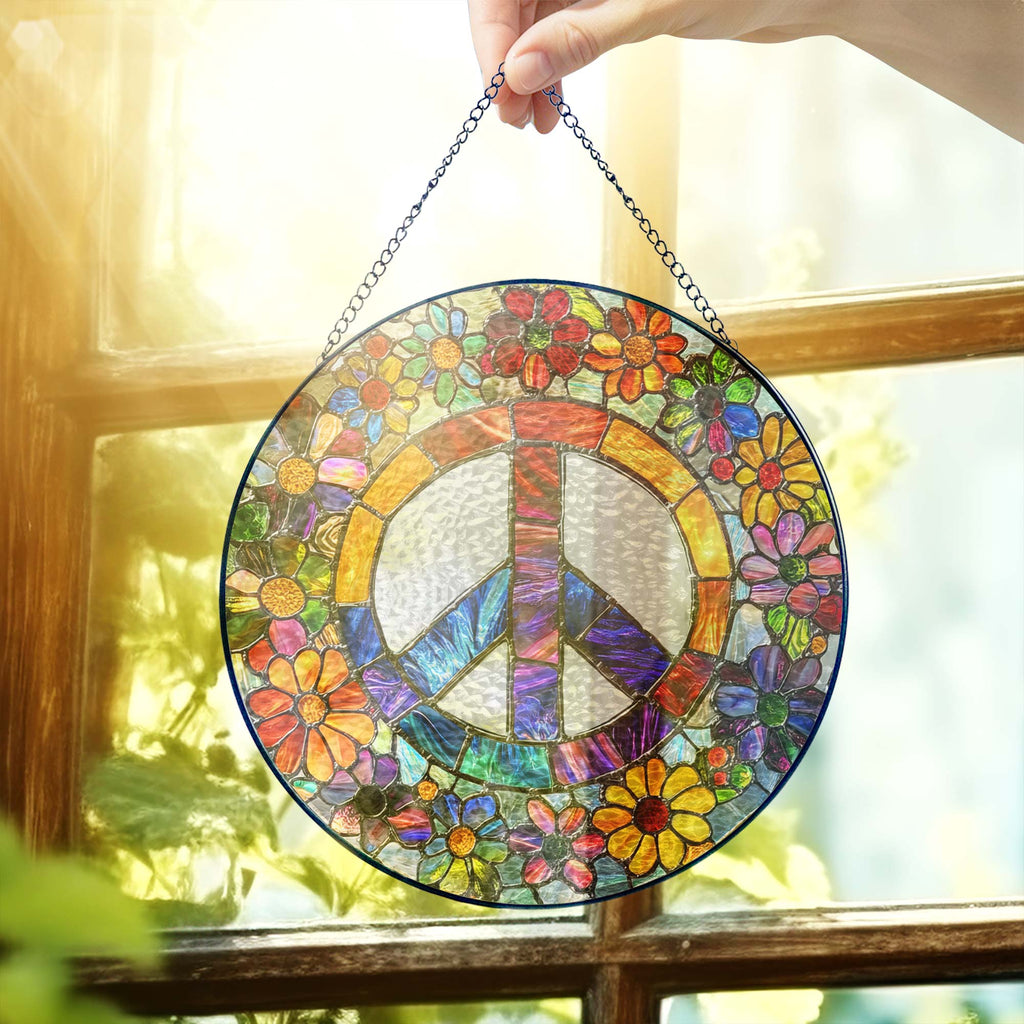 Woodstock Hippie Suncatcher. Peace Sign Hippie Stained Glass Decor