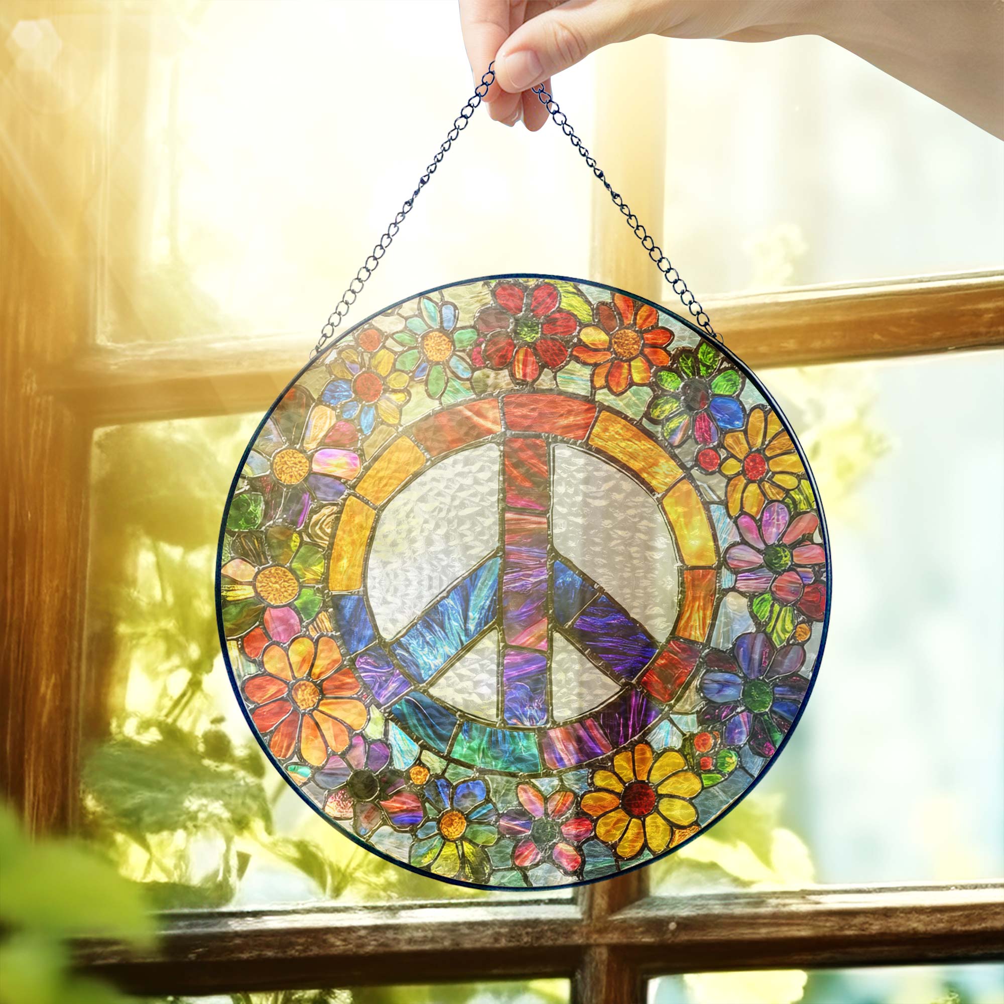 Woodstock Hippie Suncatcher. Peace Sign Hippie Stained Glass Decor
