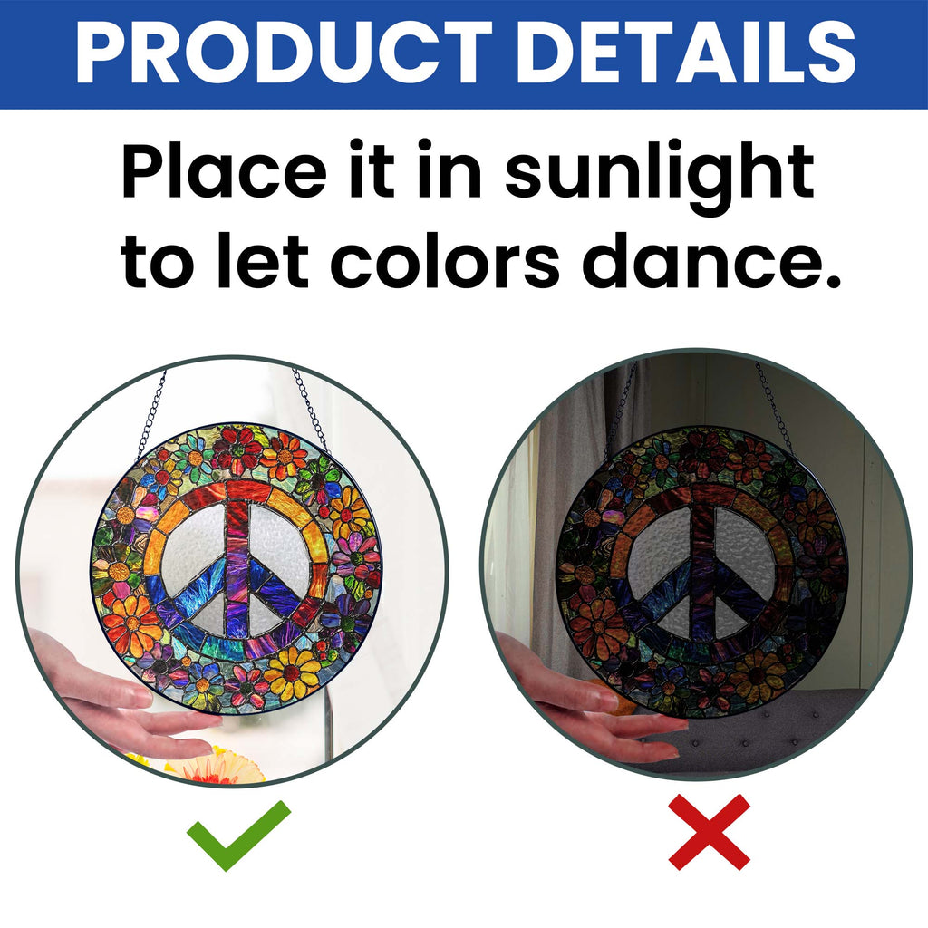 Woodstock Hippie Suncatcher. Peace Sign Hippie Stained Glass Decor