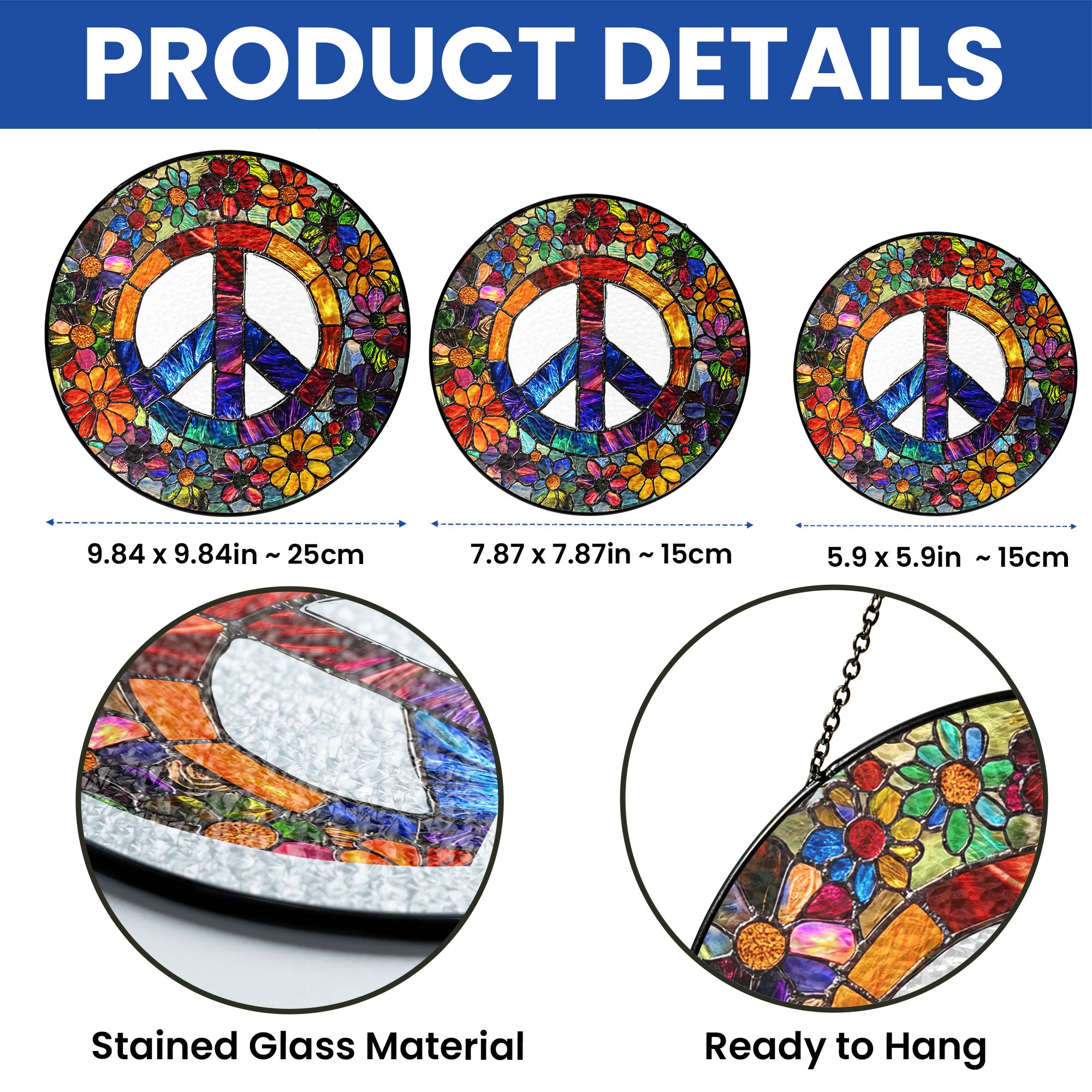 Woodstock Hippie Suncatcher. Peace Sign Hippie Stained Glass Decor