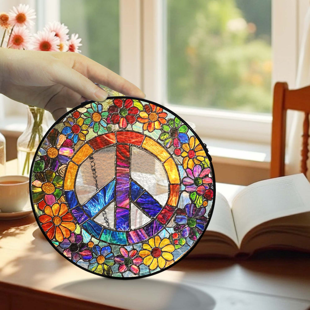 Woodstock Hippie Suncatcher. Peace Sign Hippie Stained Glass Decor