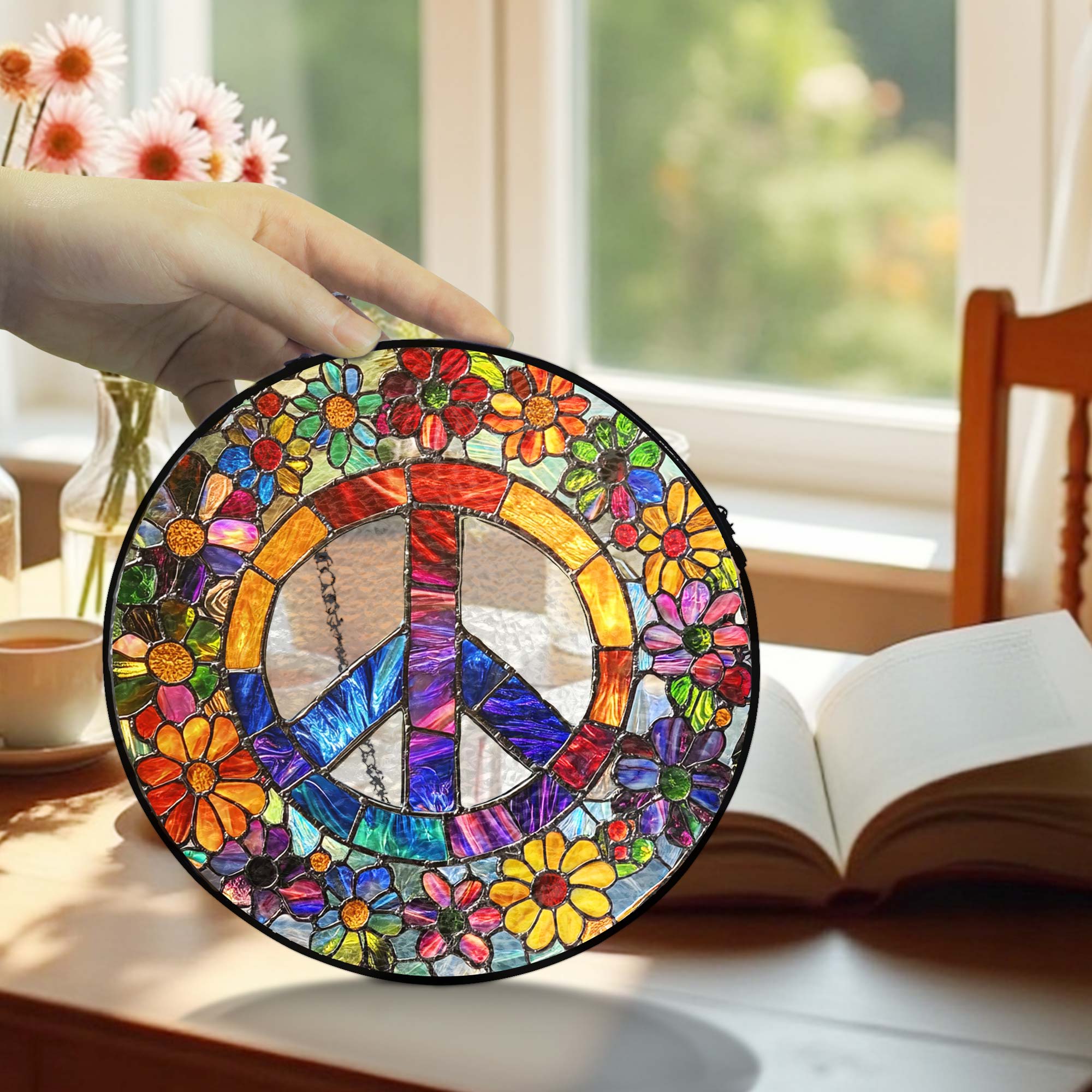 Woodstock Hippie Suncatcher. Peace Sign Hippie Stained Glass Decor