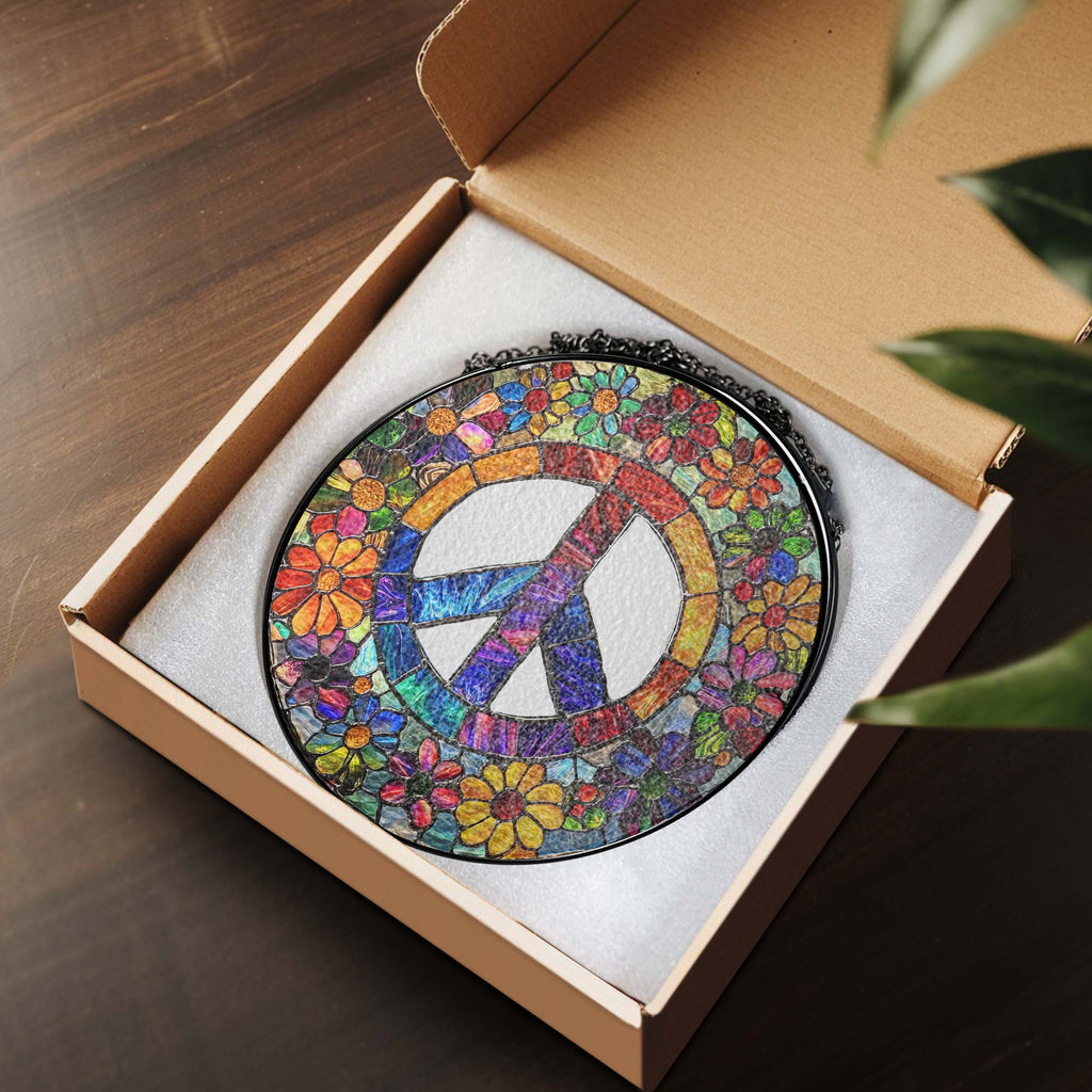 Woodstock Hippie Suncatcher. Peace Sign Hippie Stained Glass Decor