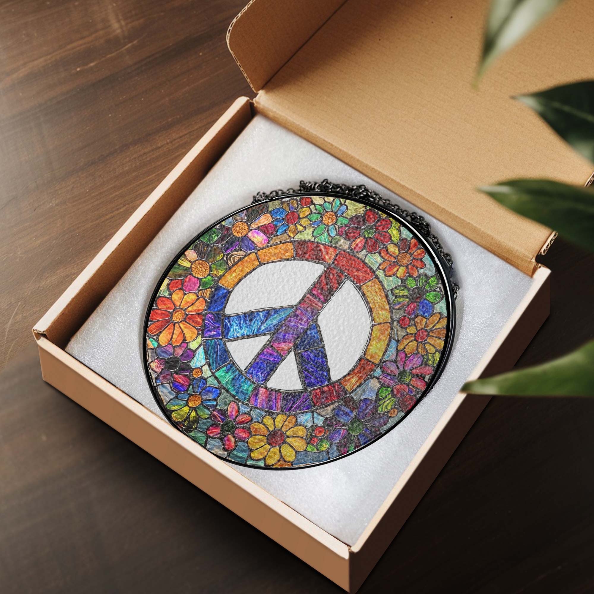 Woodstock Hippie Suncatcher. Peace Sign Hippie Stained Glass Decor