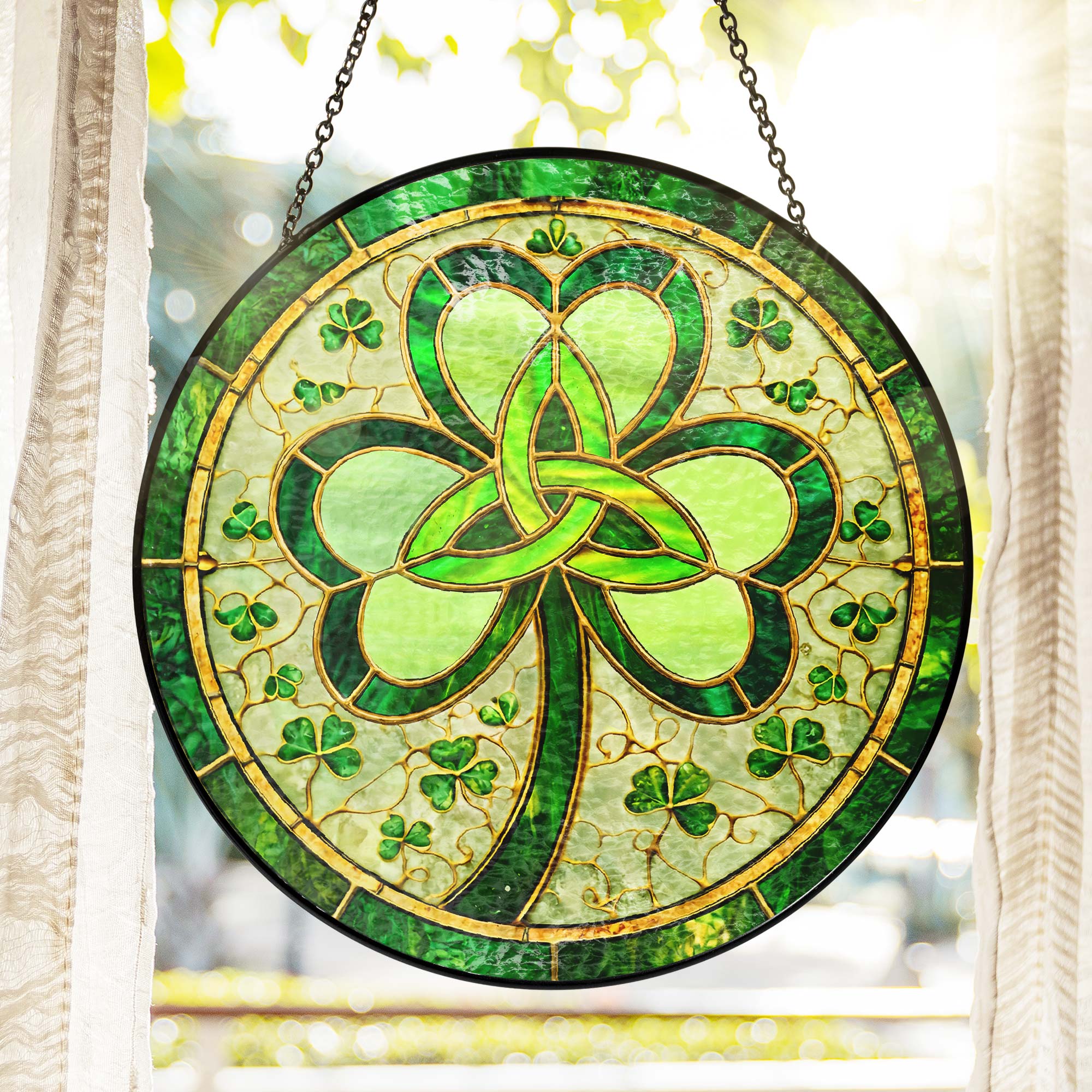 Irish Celtic Knot Shamrock Stained Glass Suncatcher for St. Patrick's