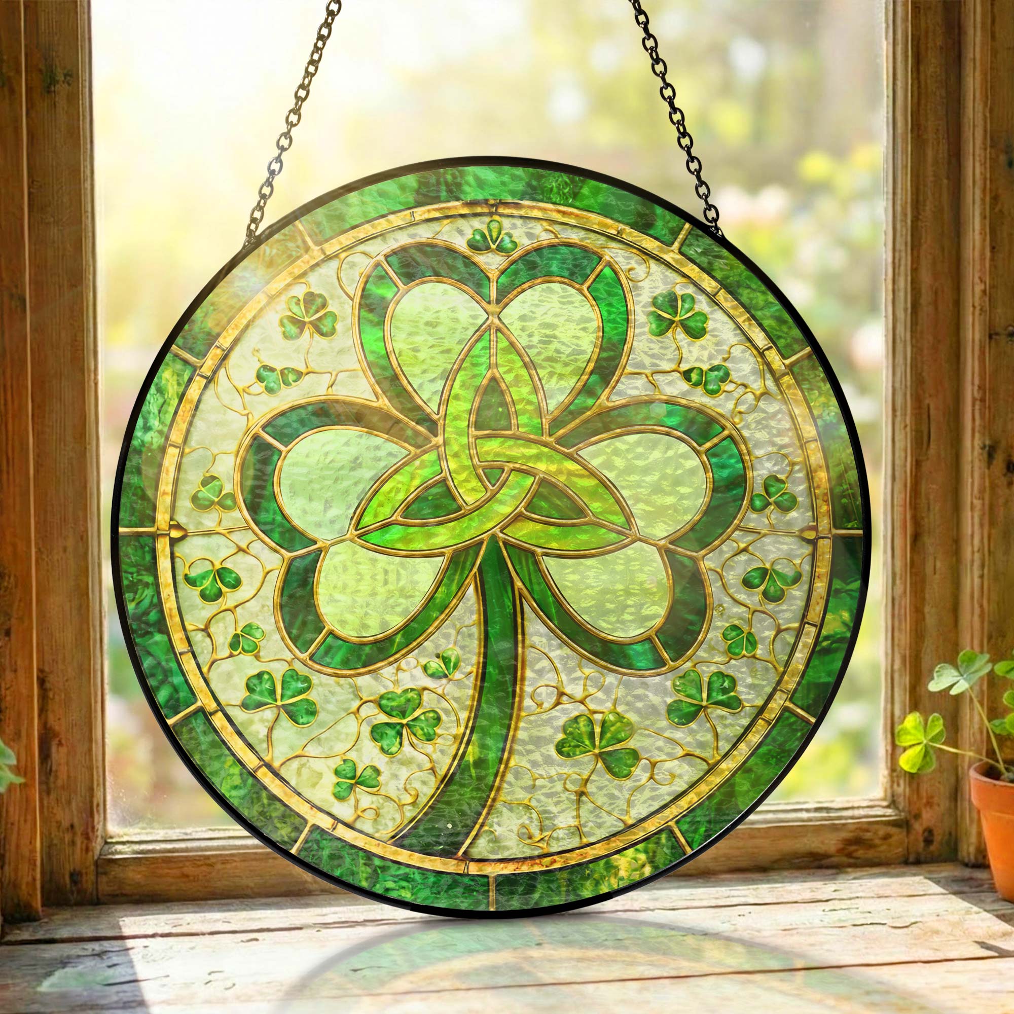 Irish Celtic Knot Shamrock Stained Glass Suncatcher for St. Patrick's
